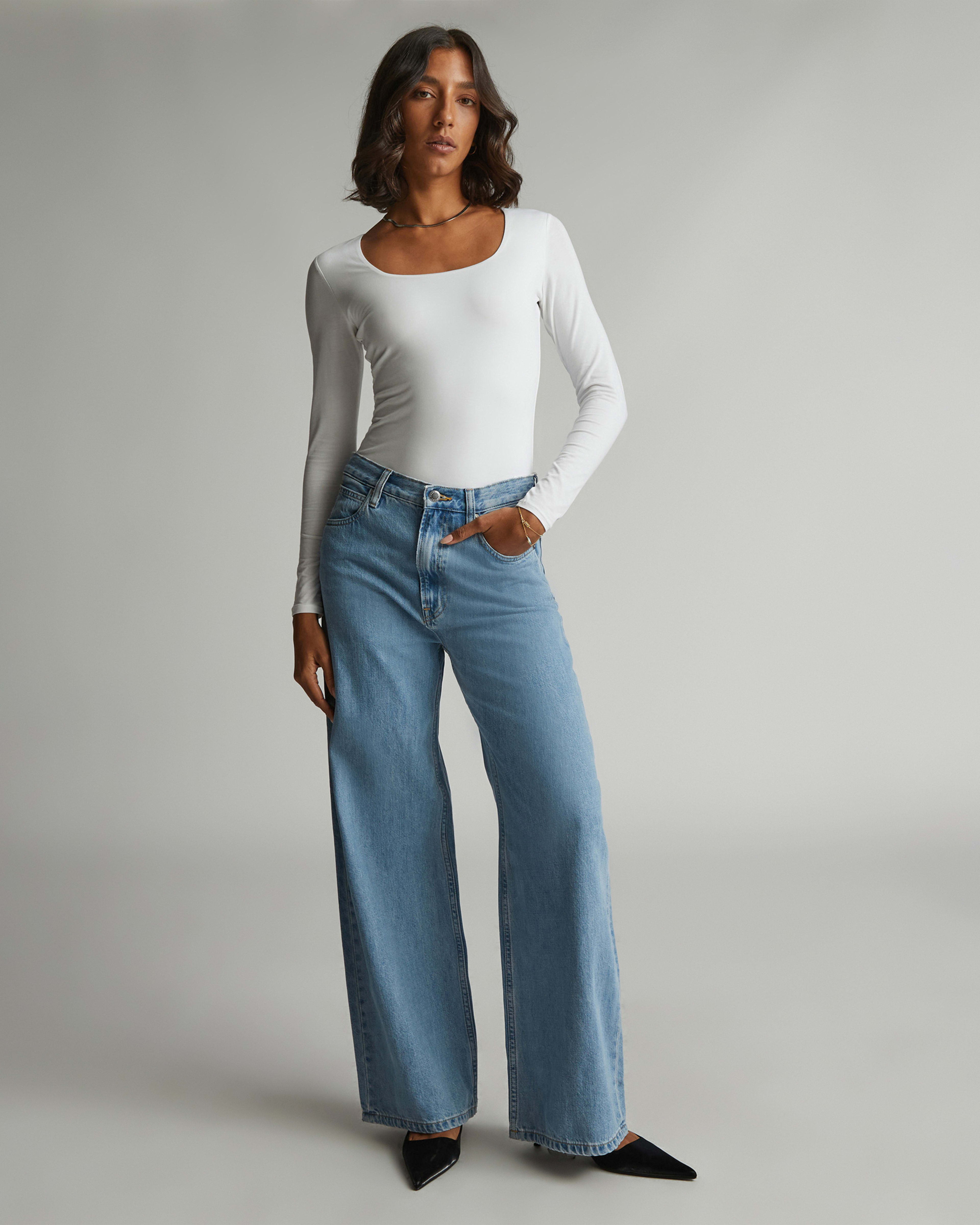Womens White Squareneck Long Sleeve Bodysuit S, M, L, XL