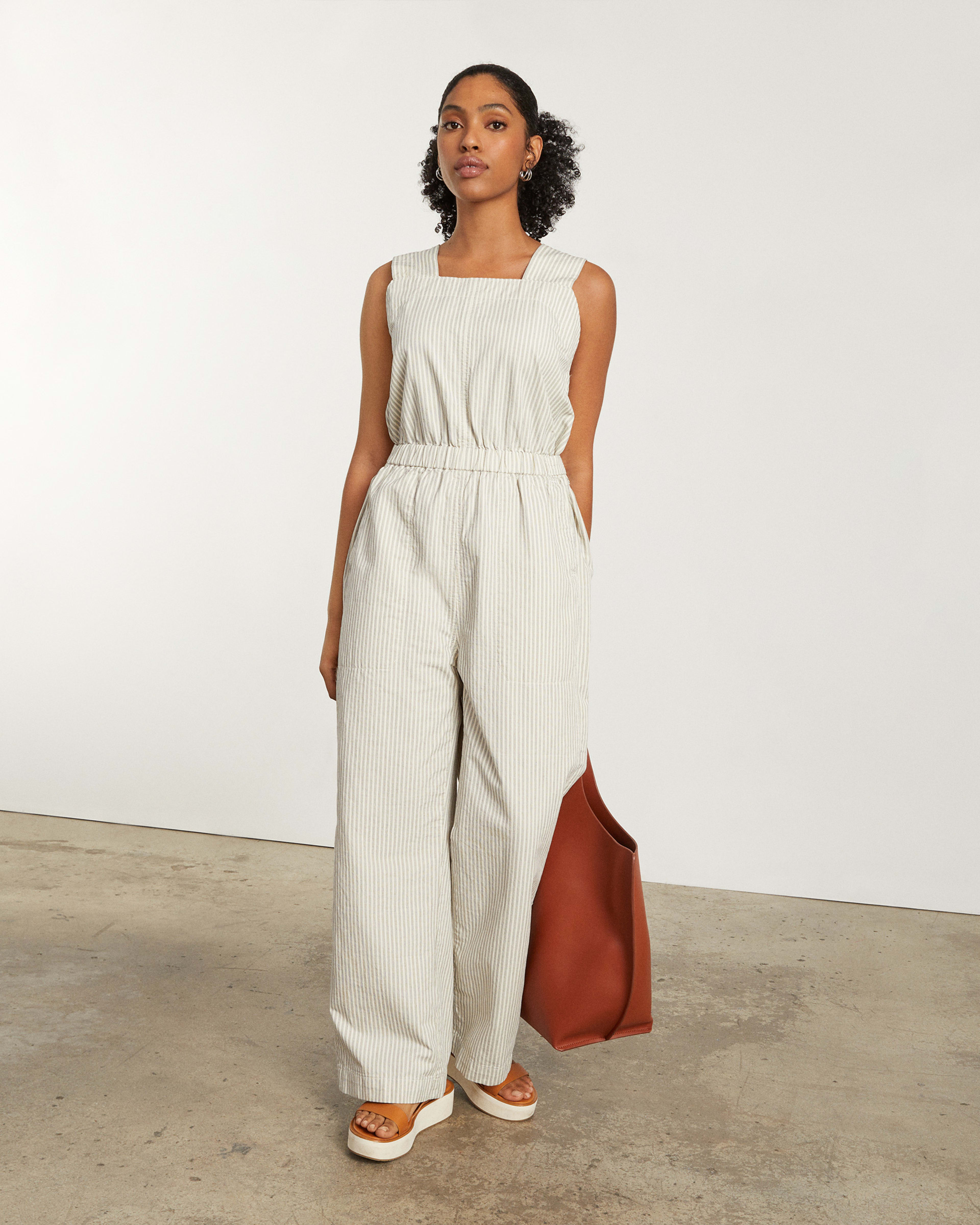 The Fatigue Apron Jumpsuit Navy Stripe Everlane
