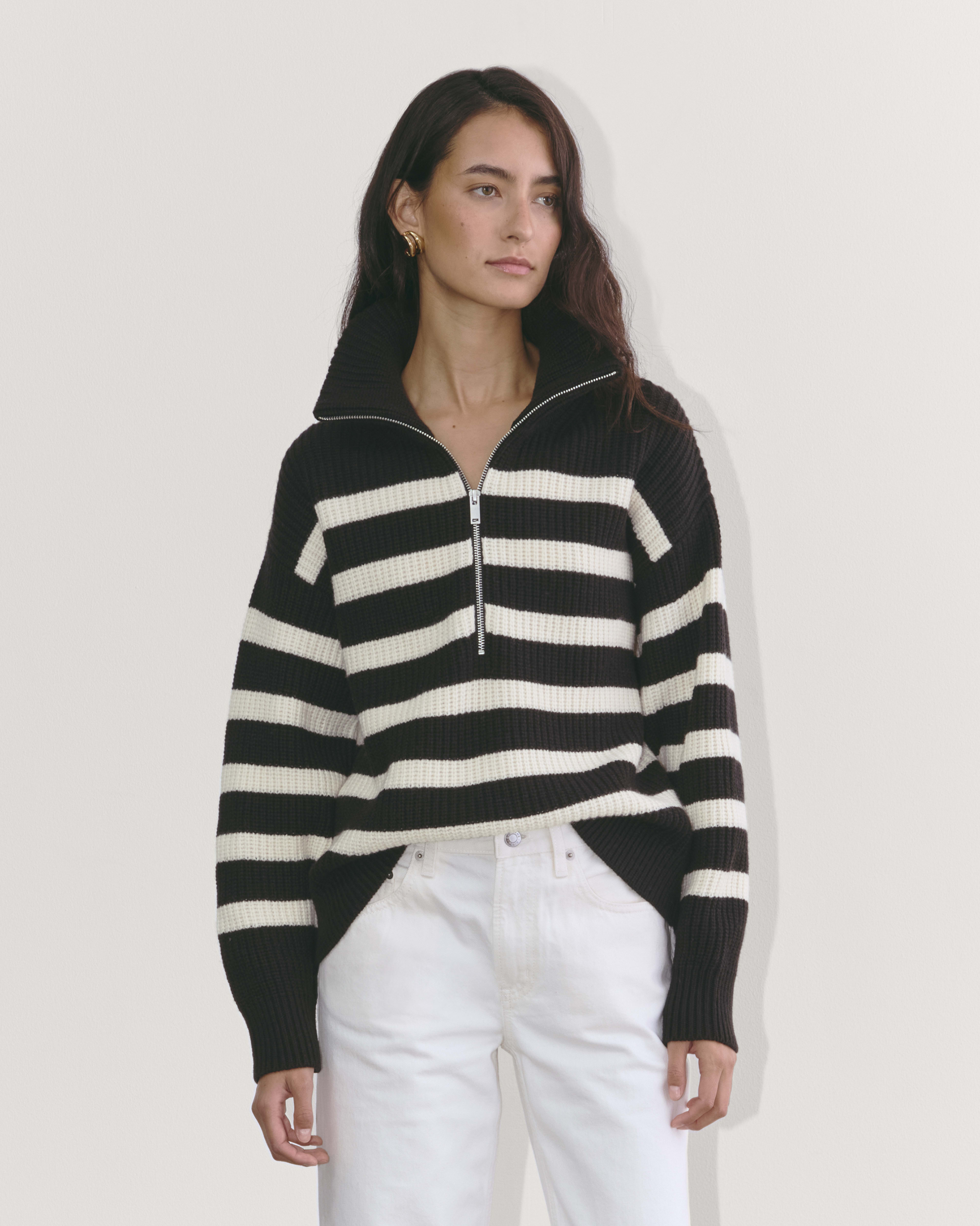The Half Zip Sweater in Luxe Merino Black Bone Everlane