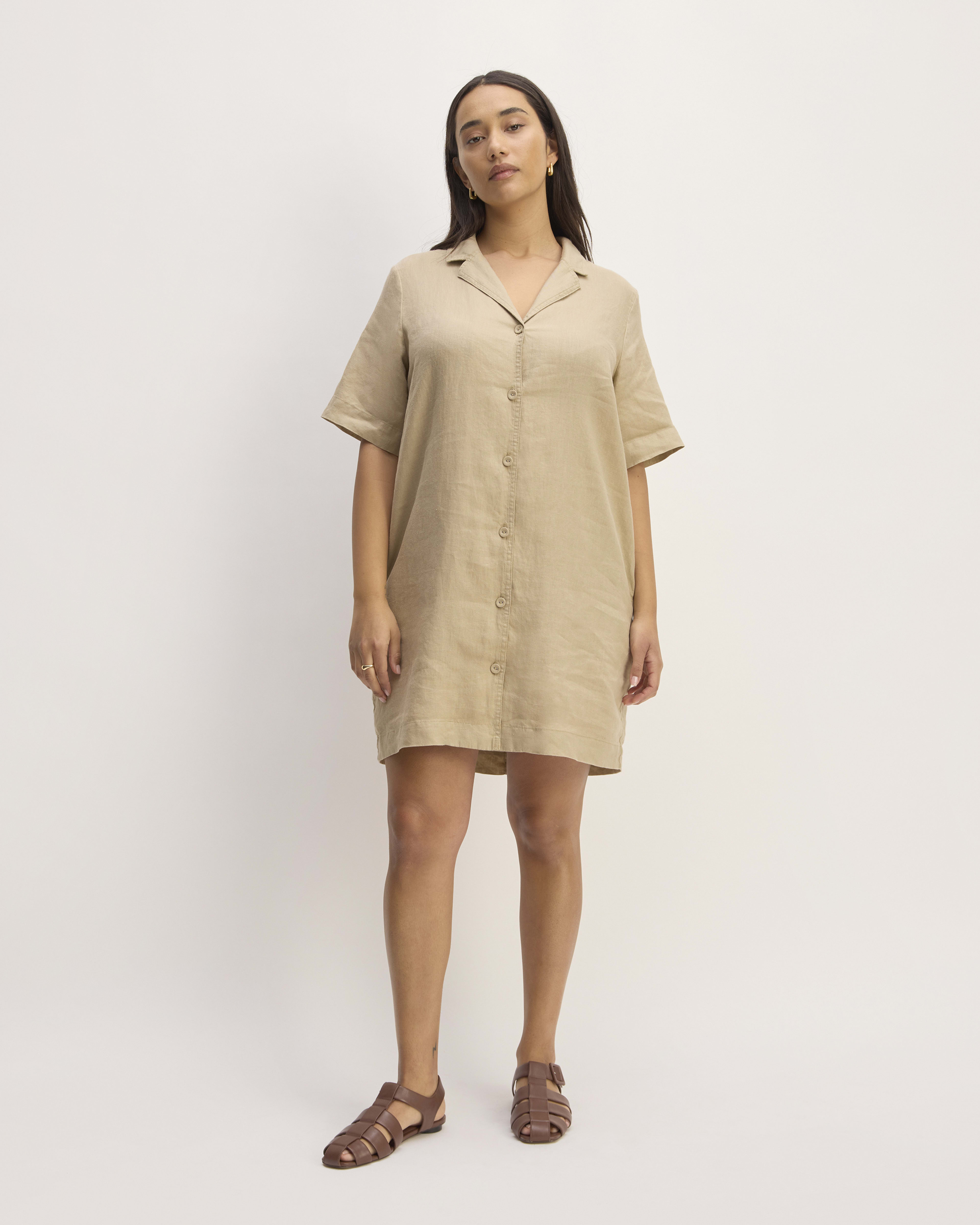 100% European Linen Button Front Dress  Dress shirts for women, Short  sleeve dresses, Button front dress