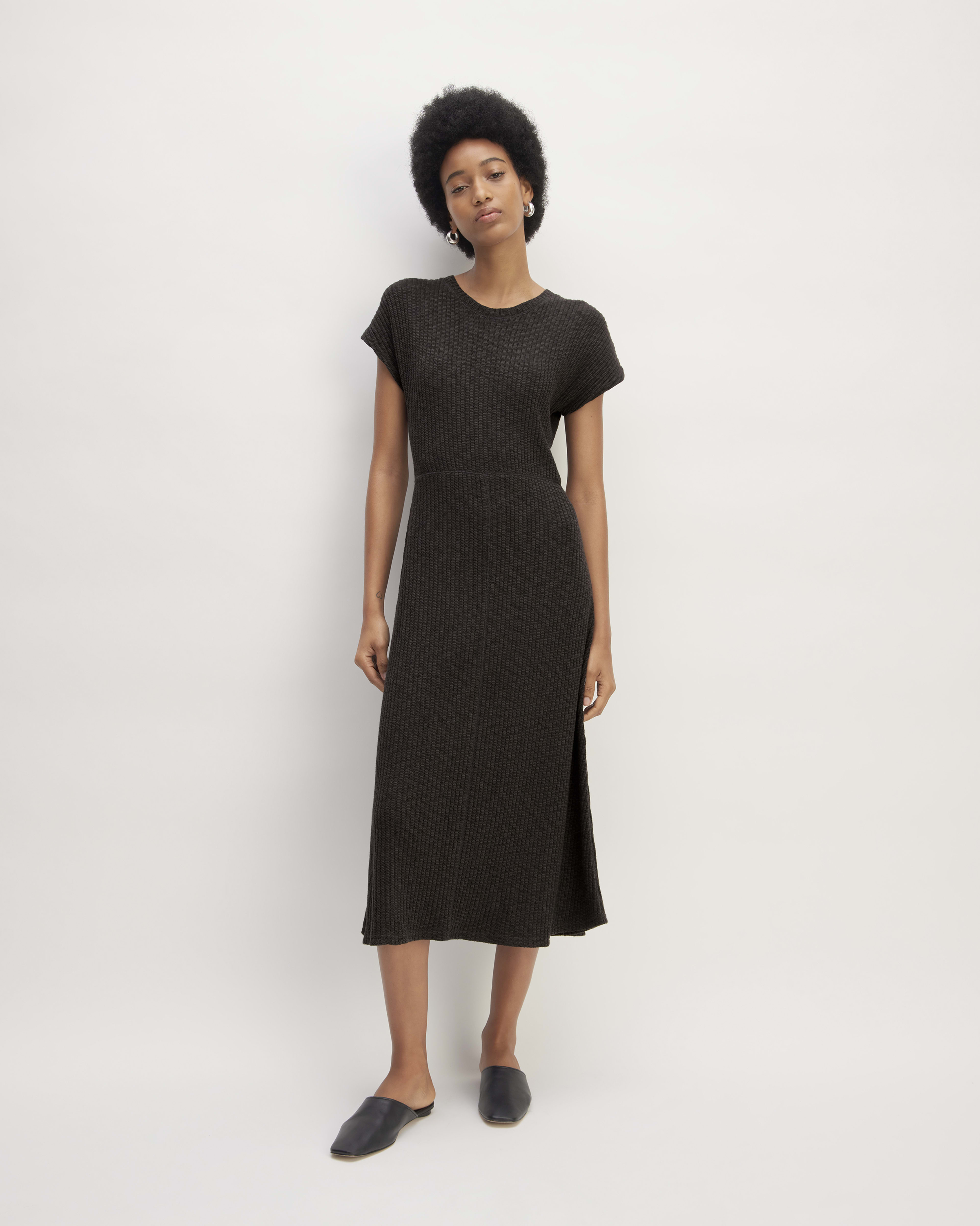The Rib Knit Cap Sleeve Midi Dress Black Everlane