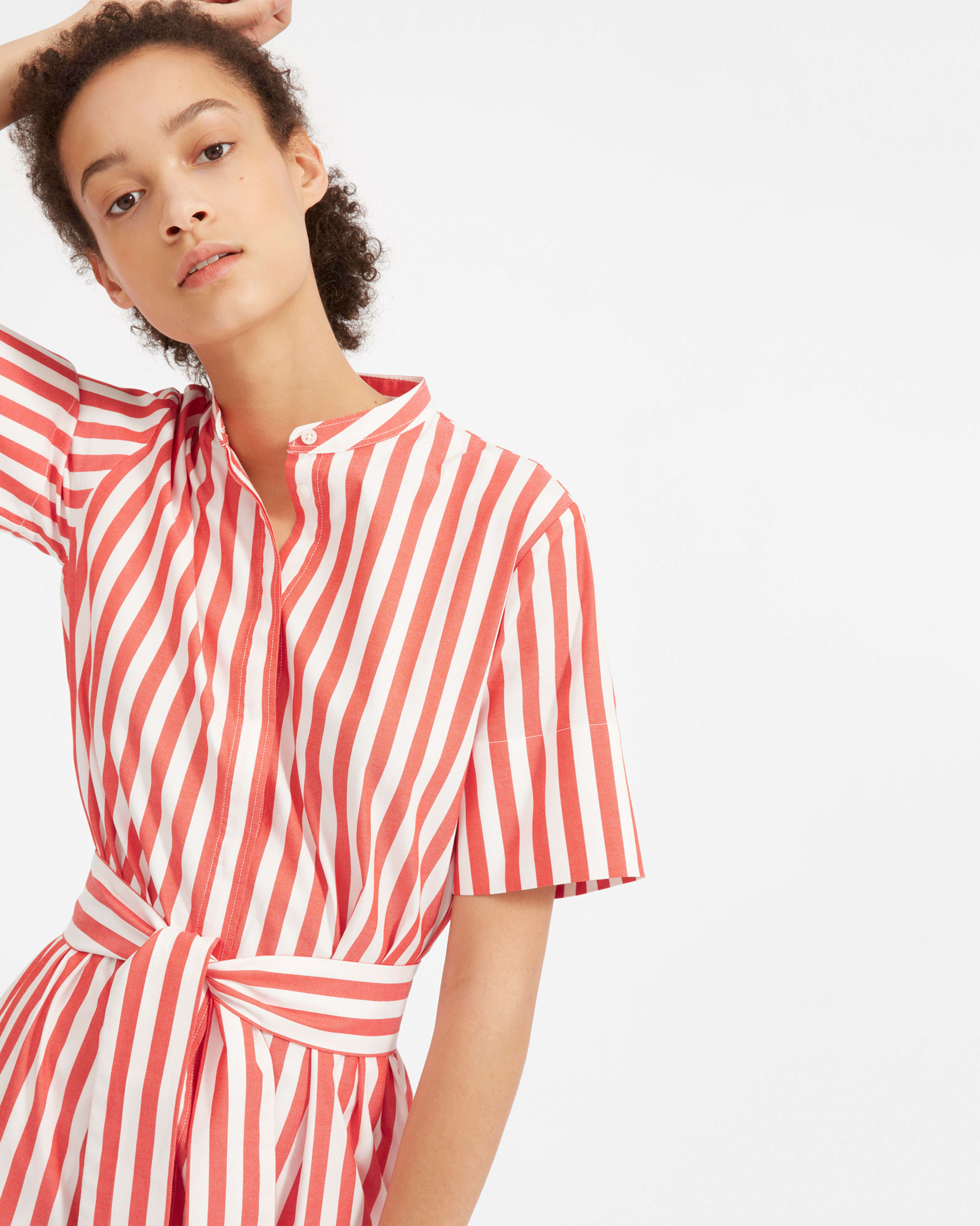 The Cotton Collarless Belted Shirtdress Red / White Stripe – Everlane