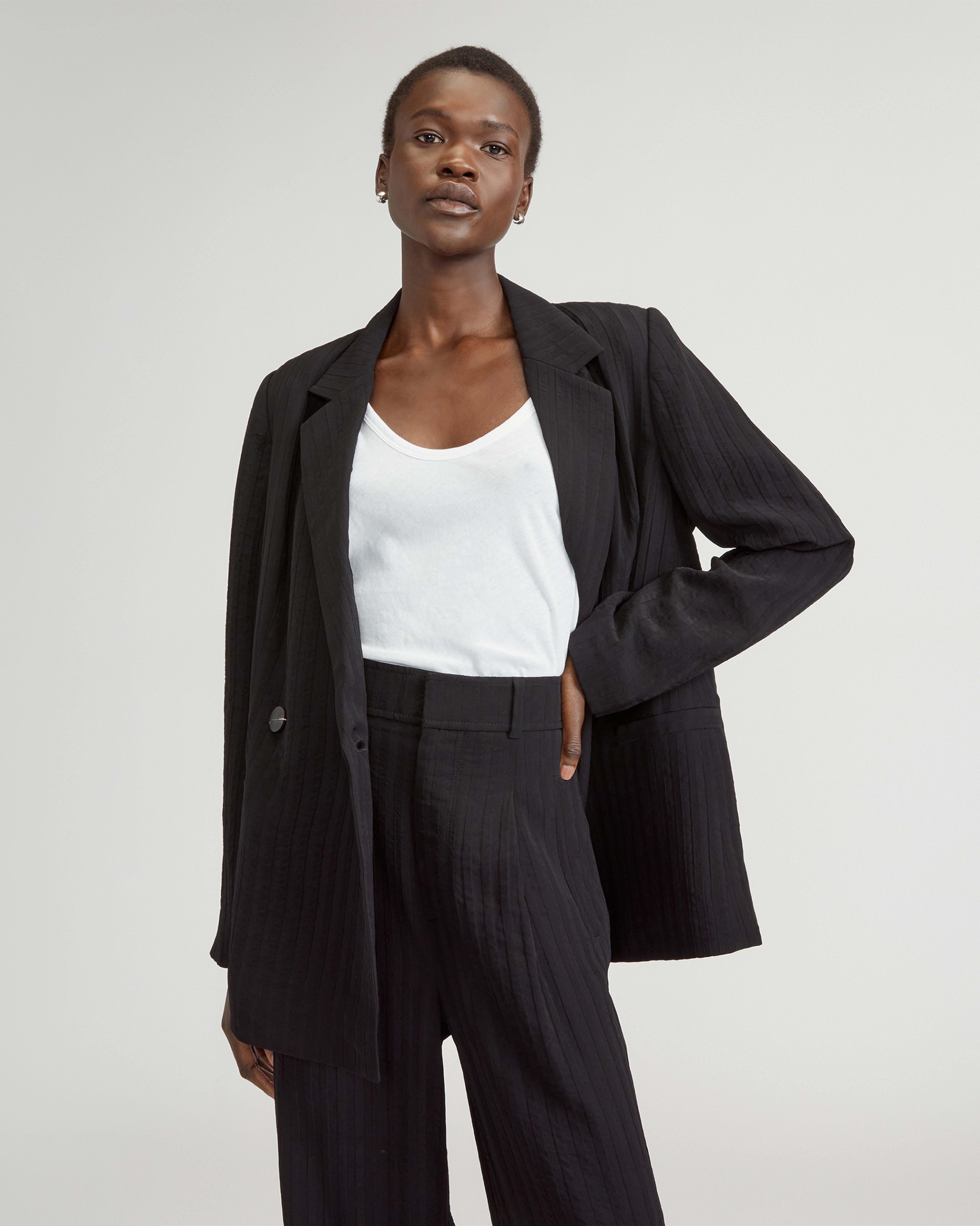 The Drapey City Stripe Blazer Black Everlane