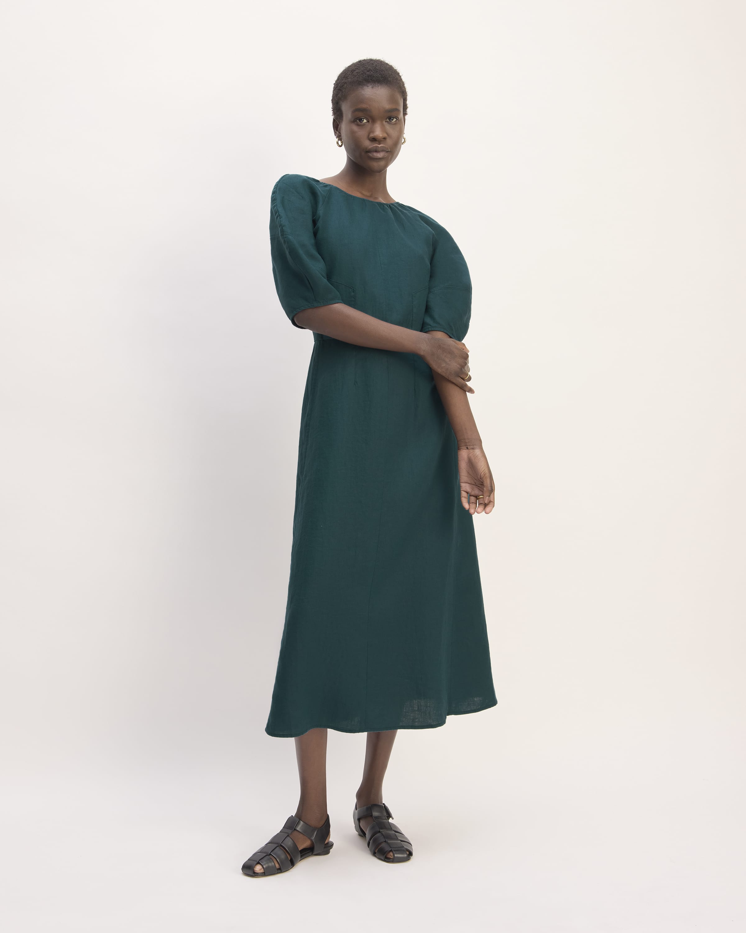 The Linen Short-Sleeve Scoop Midi Dress Dark Sea – Everlane