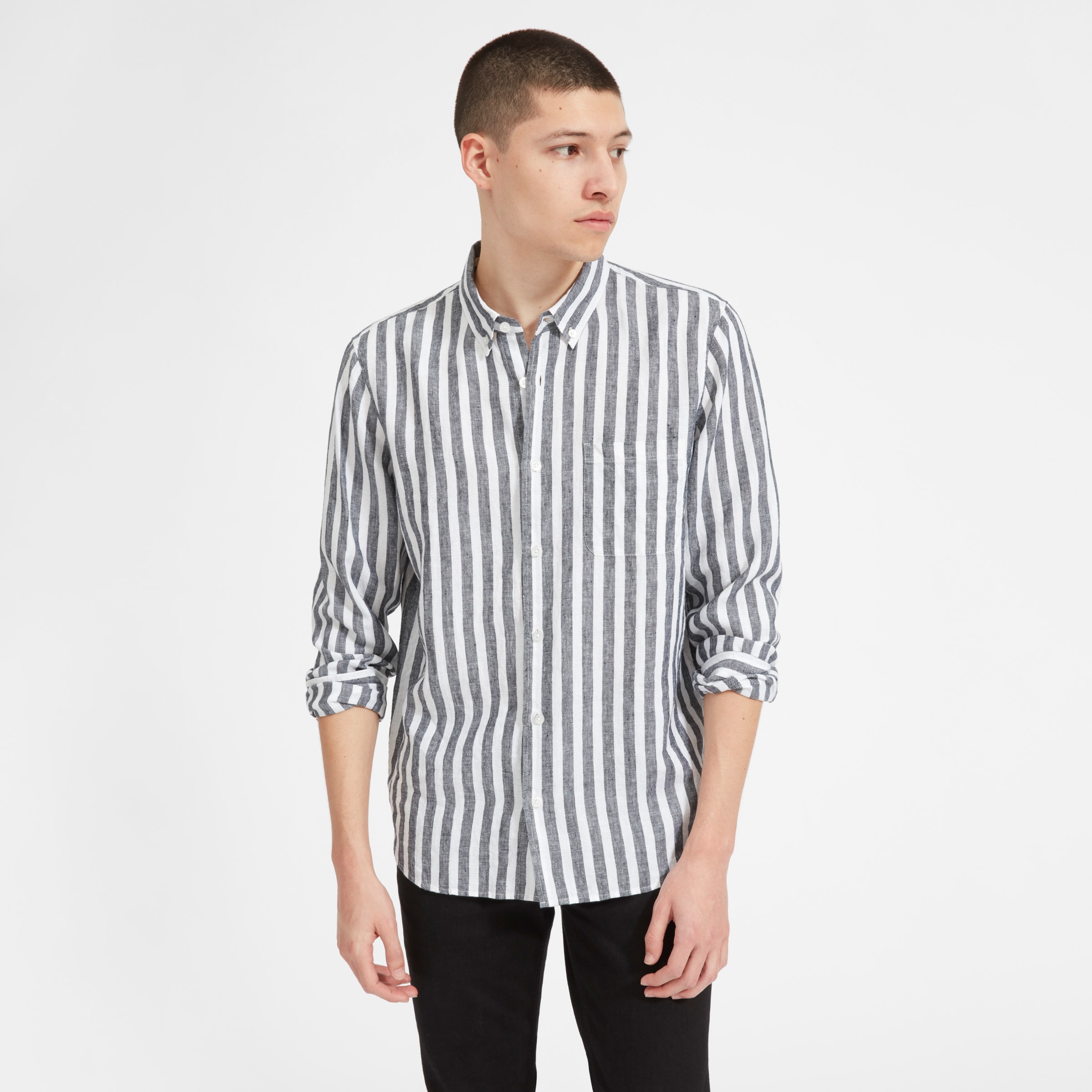 The Linen Standard Fit Shirt White / Navy – Everlane