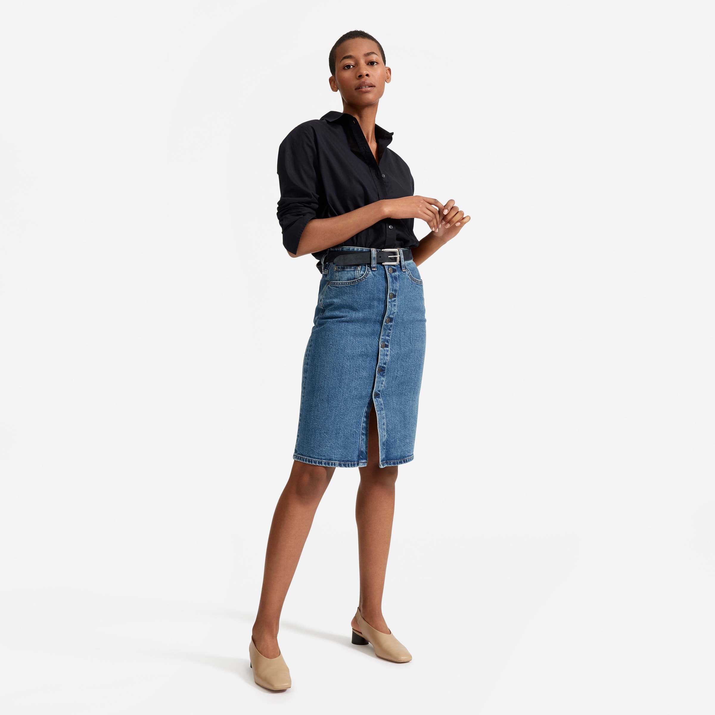 Women's Button Up Denim Jean Skirt Casual High Waisted Solid Black Skirts  Ins Side Split Hem