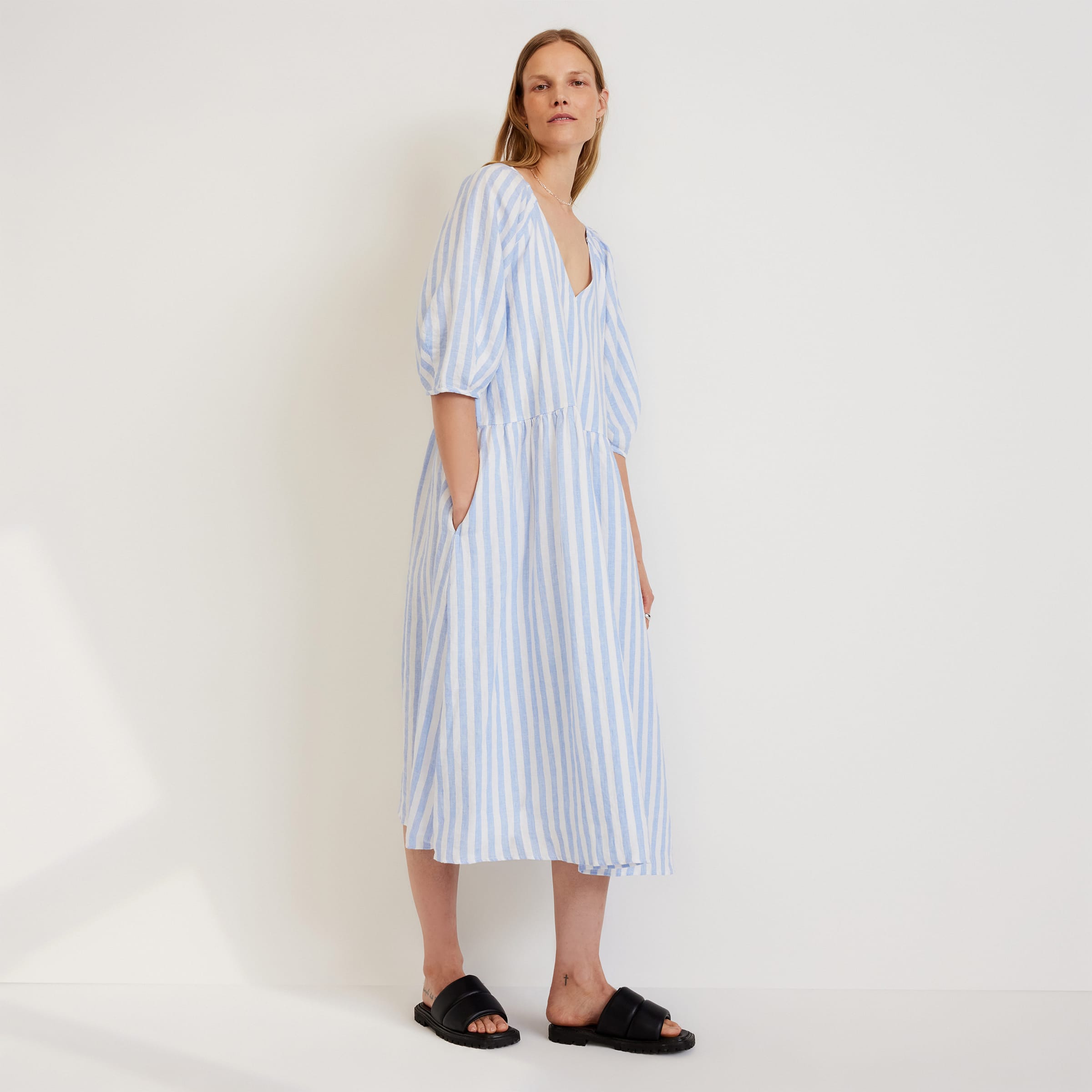 The Linen Puff Sleeve Dress Blue / White – Everlane