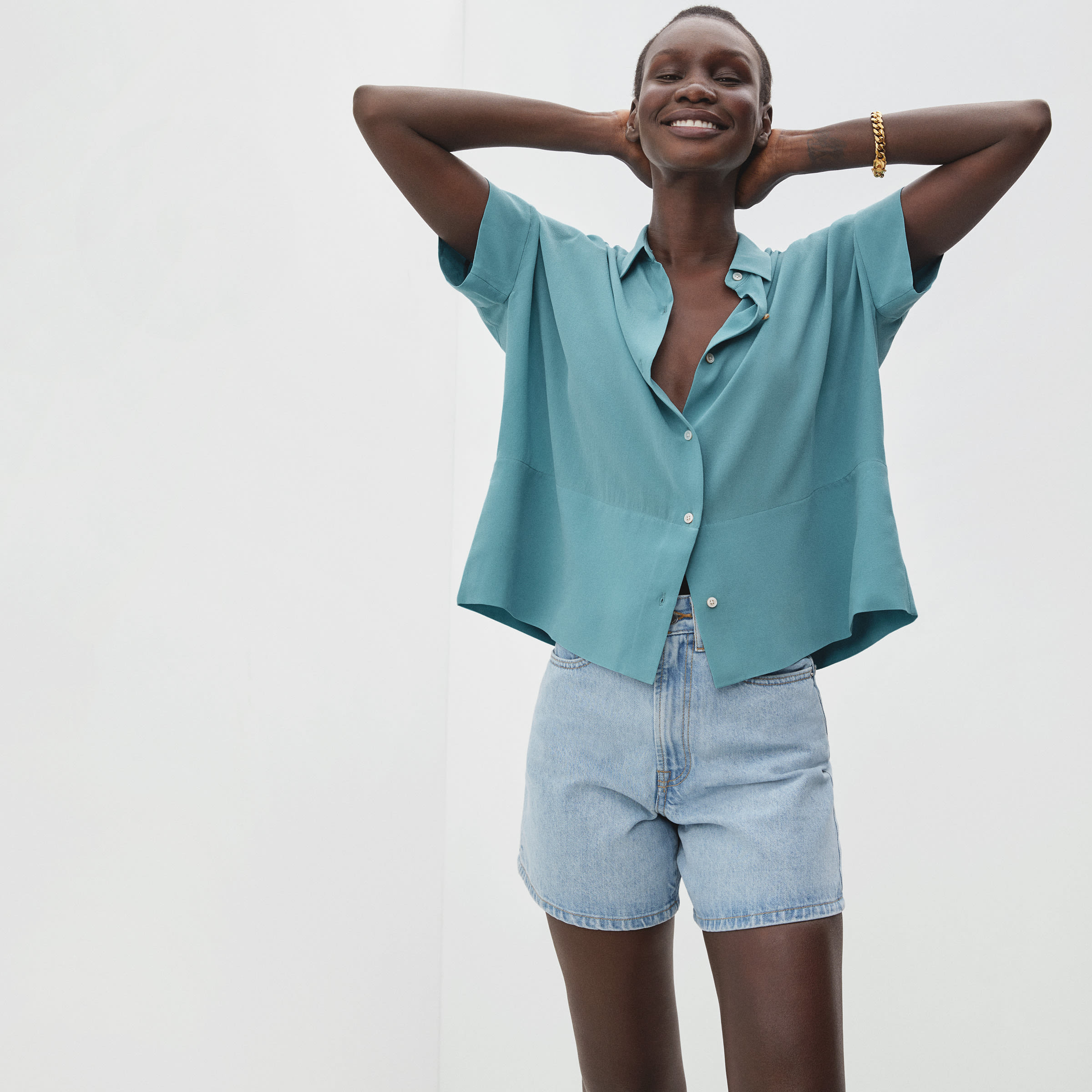 The Washable Clean Silk Short-Sleeve Square Shirt Turquoise – Everlane