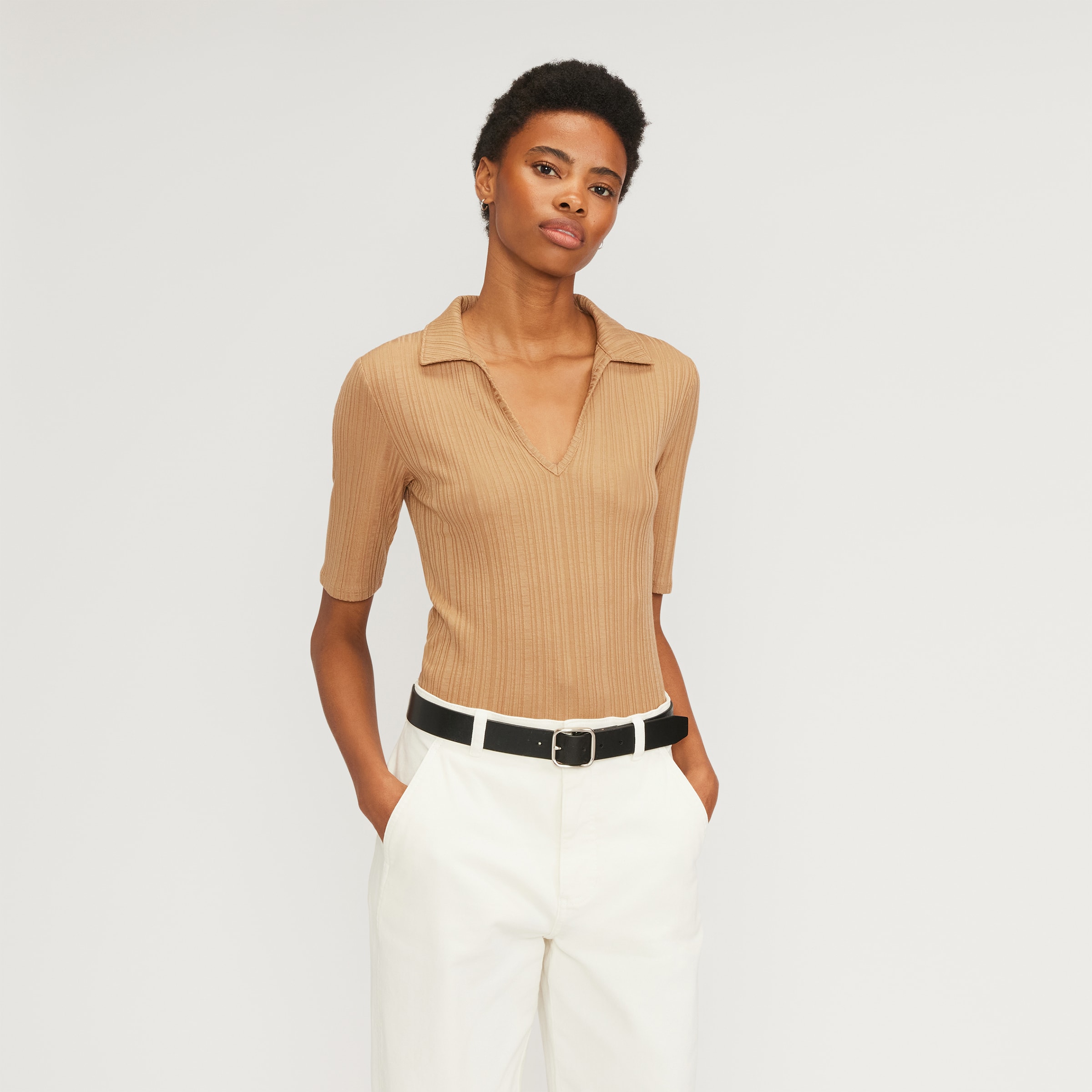 Everlane Women's Rib Soft Knit Open Collar Polo Shirt in Caramel, Size Extra Small
