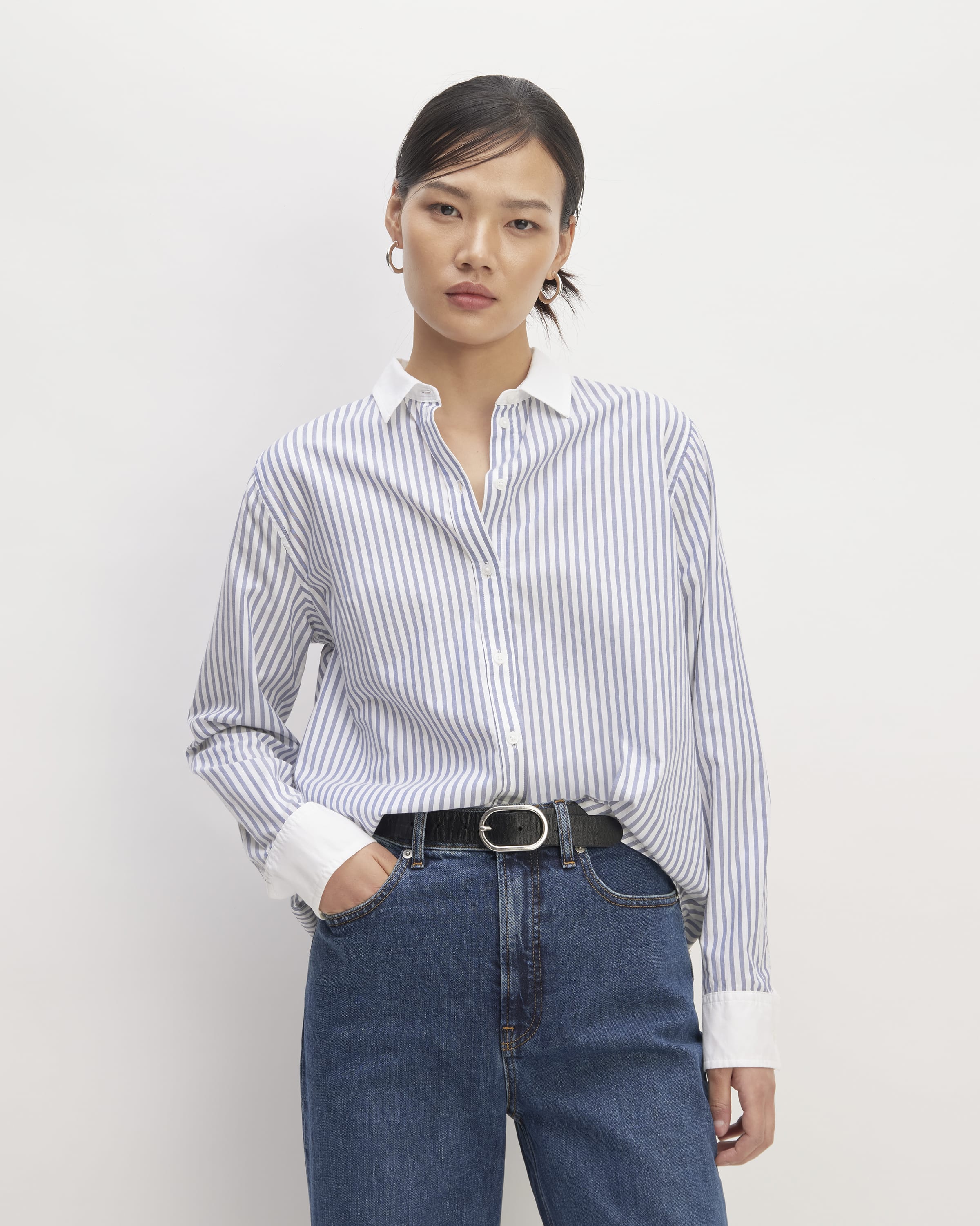 The Silky Cotton Relaxed Shirt Mariner Blue / White Stripe – Everlane