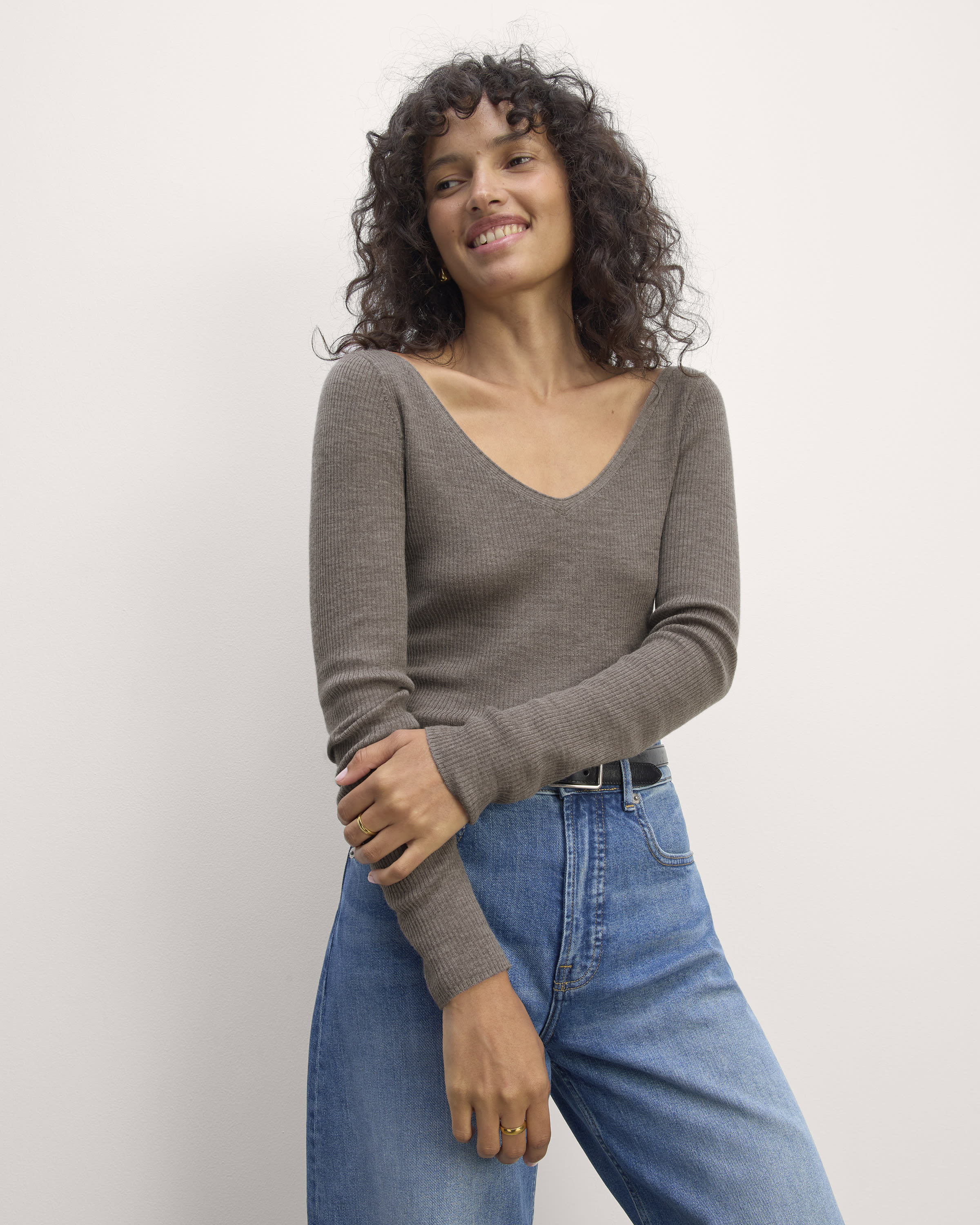 The Off-Shoulder Top in Ultrasoft Merino Heather Cocoa