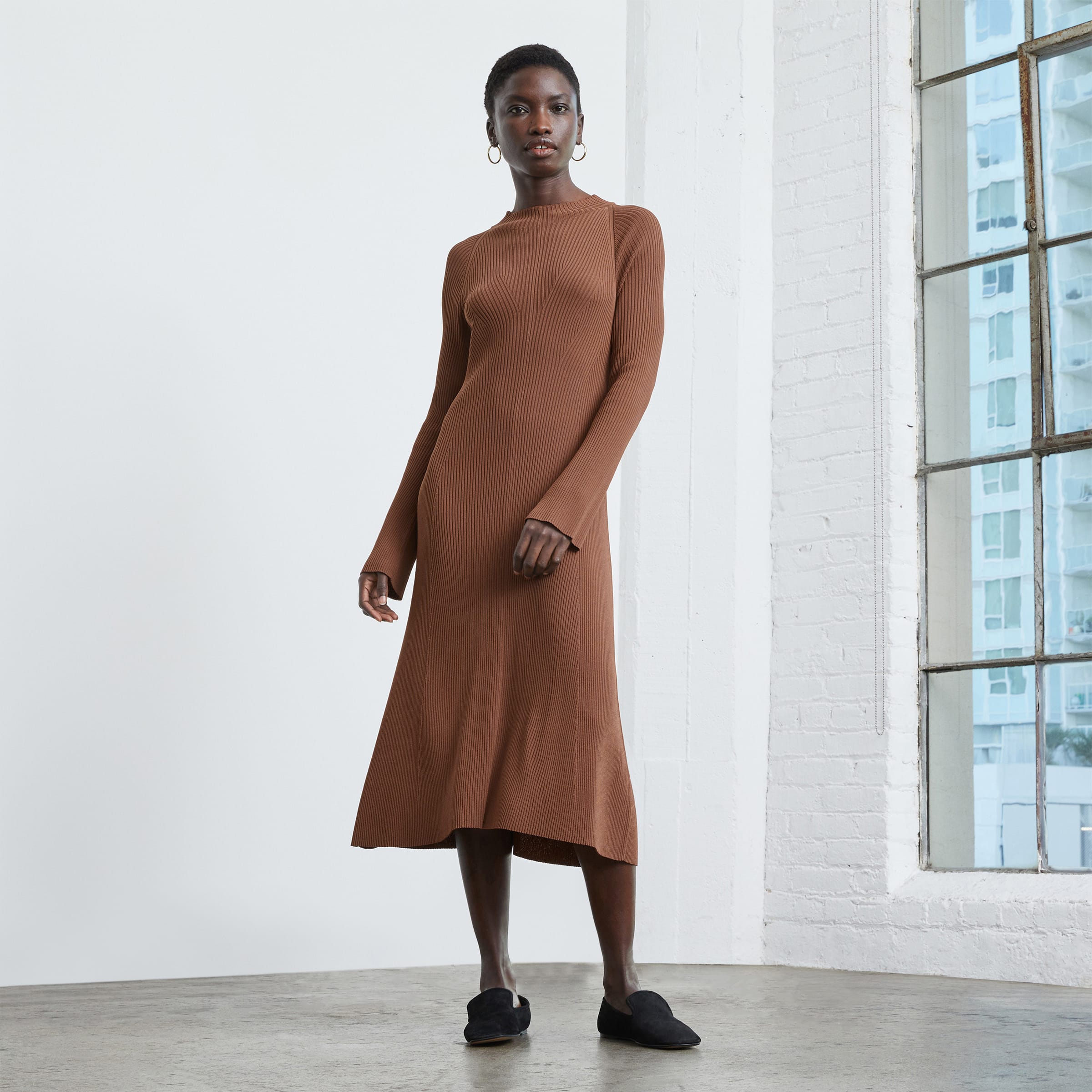 The Ribbed Mock Neck Midi Dress Cocoa Brown Everlane