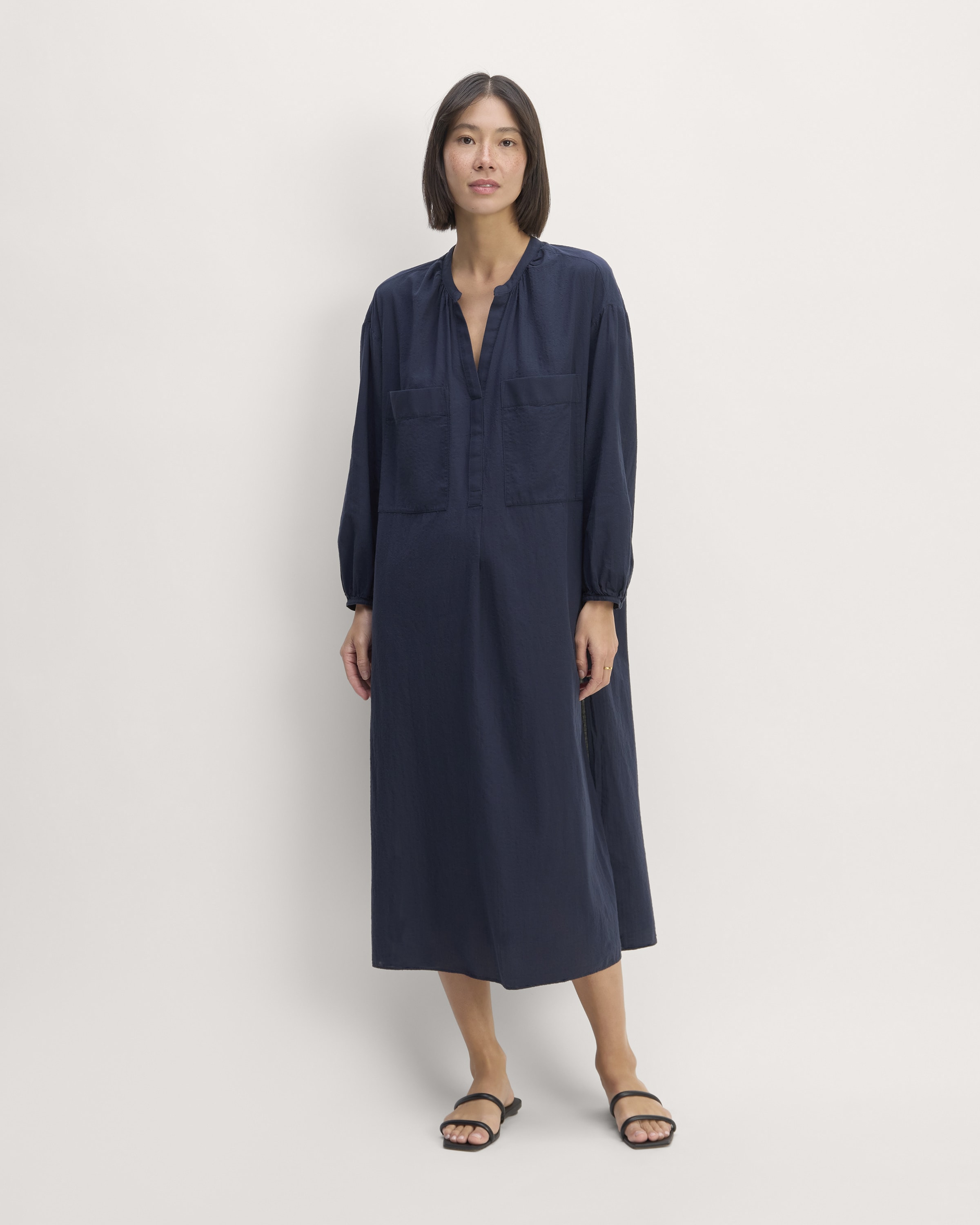 The Gauze Caftan Dress Navy – Everlane