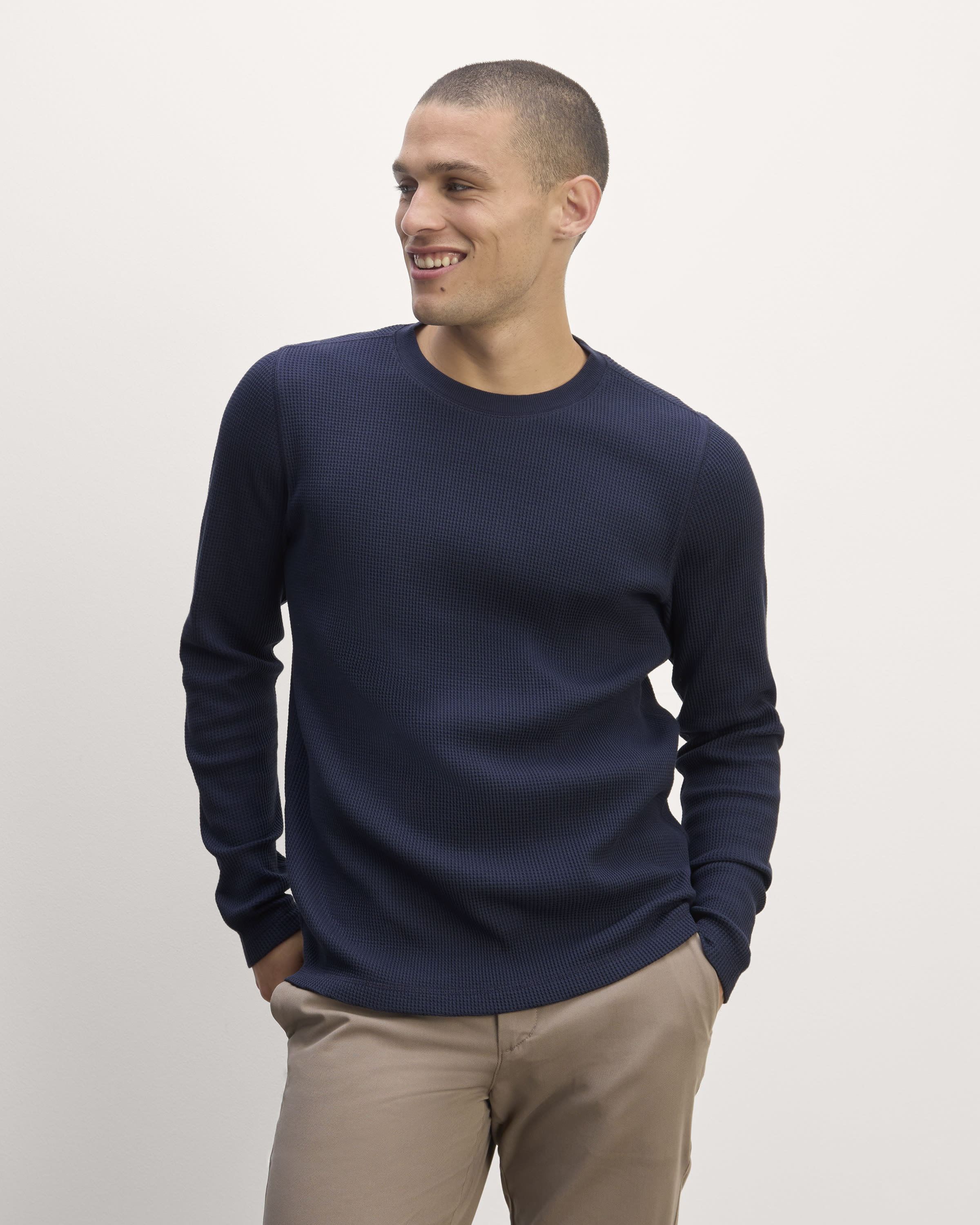 High quality Everlane 100% merino wool waffle knit long sweater in navy blue