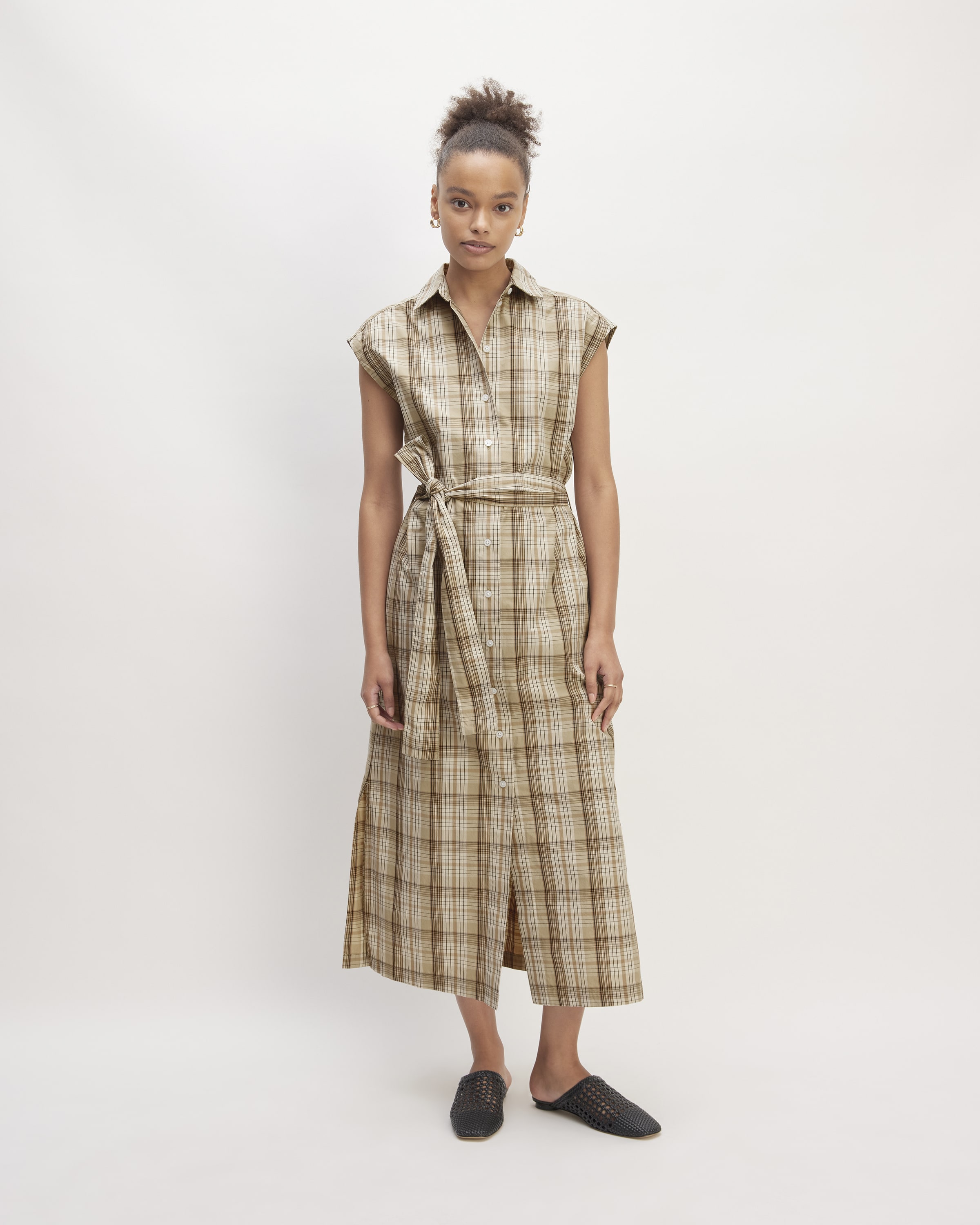 Khaki Plaid Tunic Dress Button Front