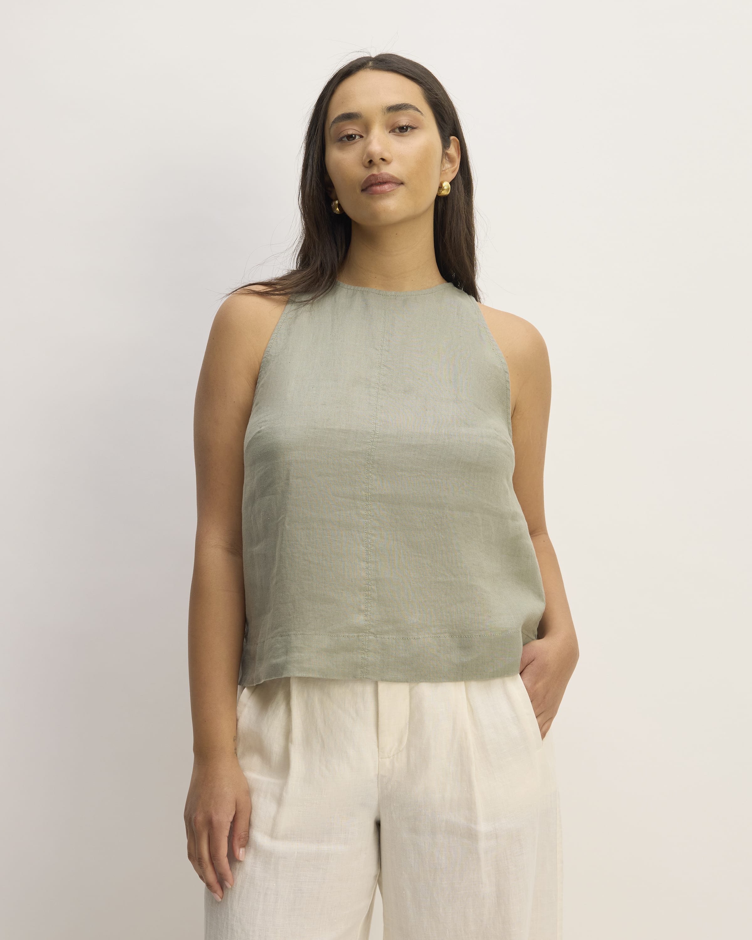 The Linen HighNeck Tank Sage Green Everlane