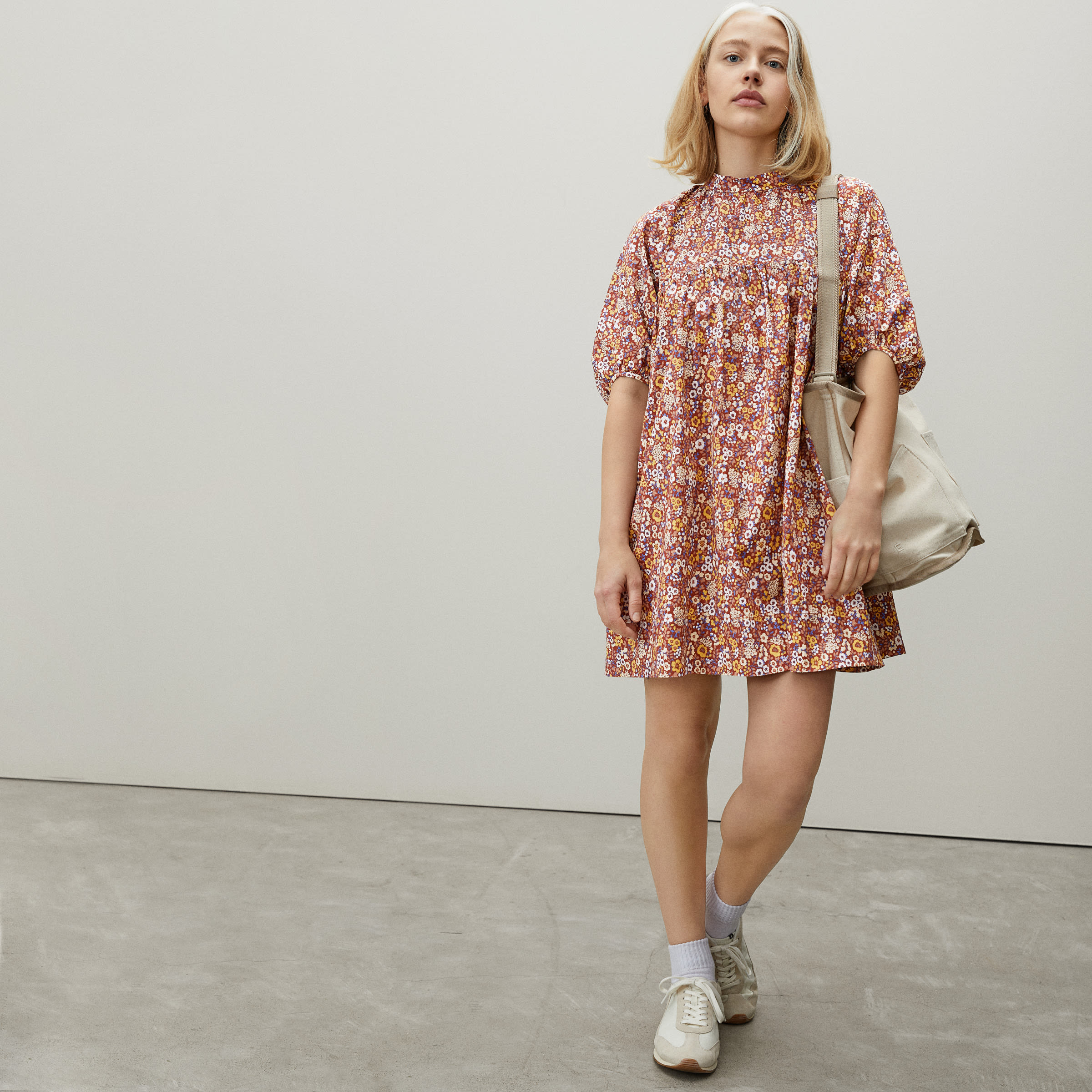 The Shirred Mini Dress Brown Floral – Everlane