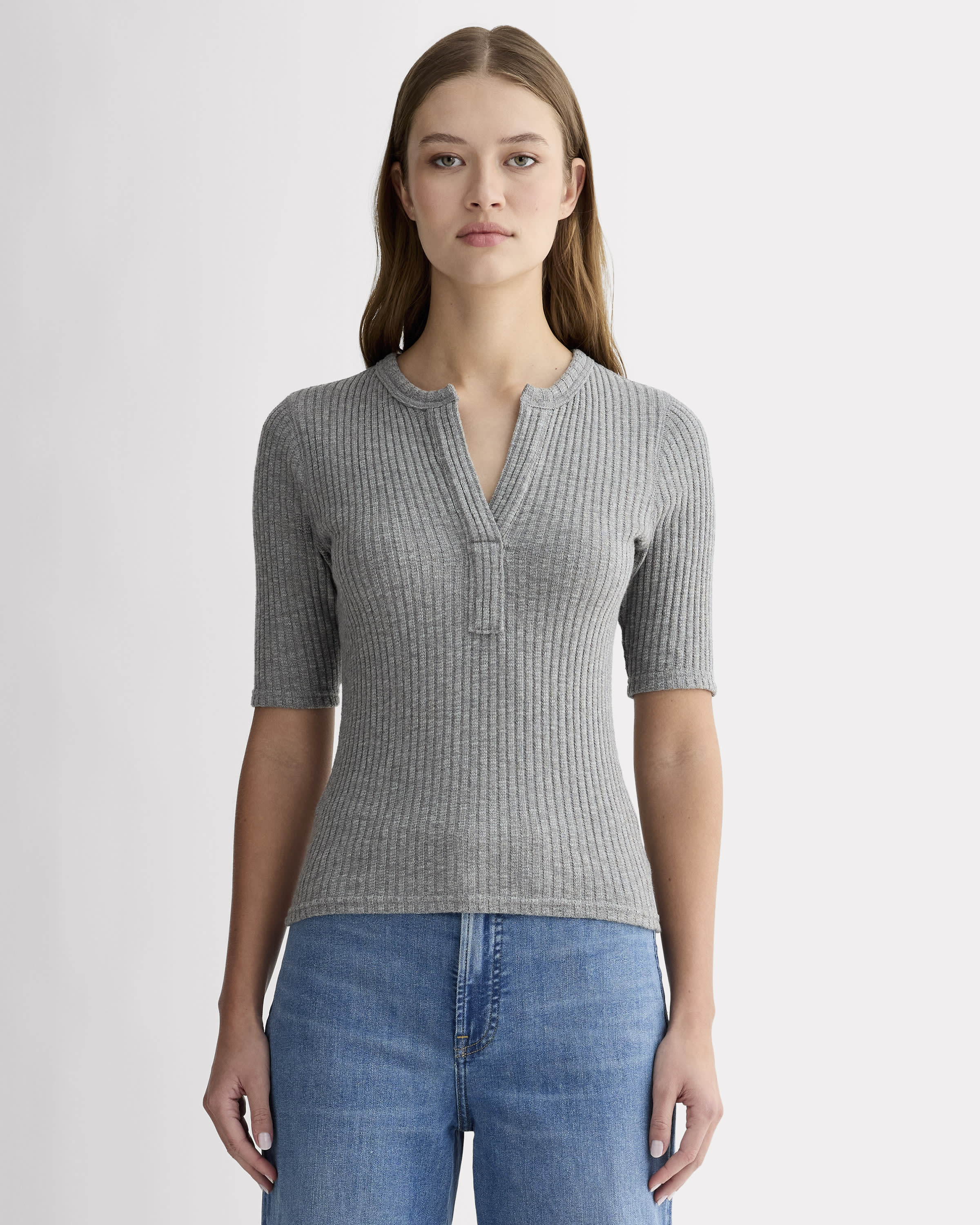 GOOD GRIEF!/HENLEY RIB KNIT TOP/グレー The Rib-Knit Short-Sleeve Henley Mid Heather Grey – Everlane