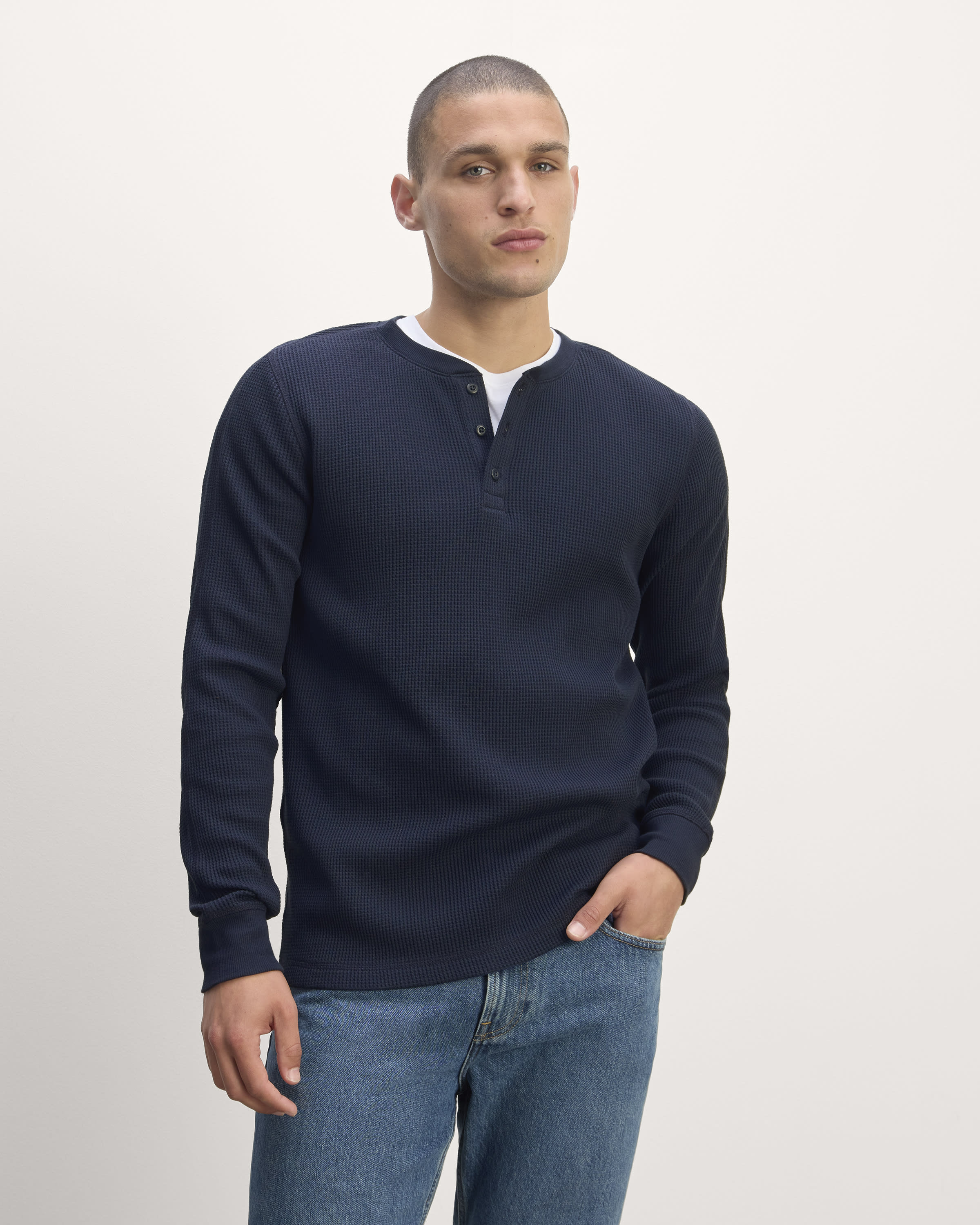 WAFFLE SLIM TOP HENLEY NECK HALF SLEEVE_NAVY main image 0