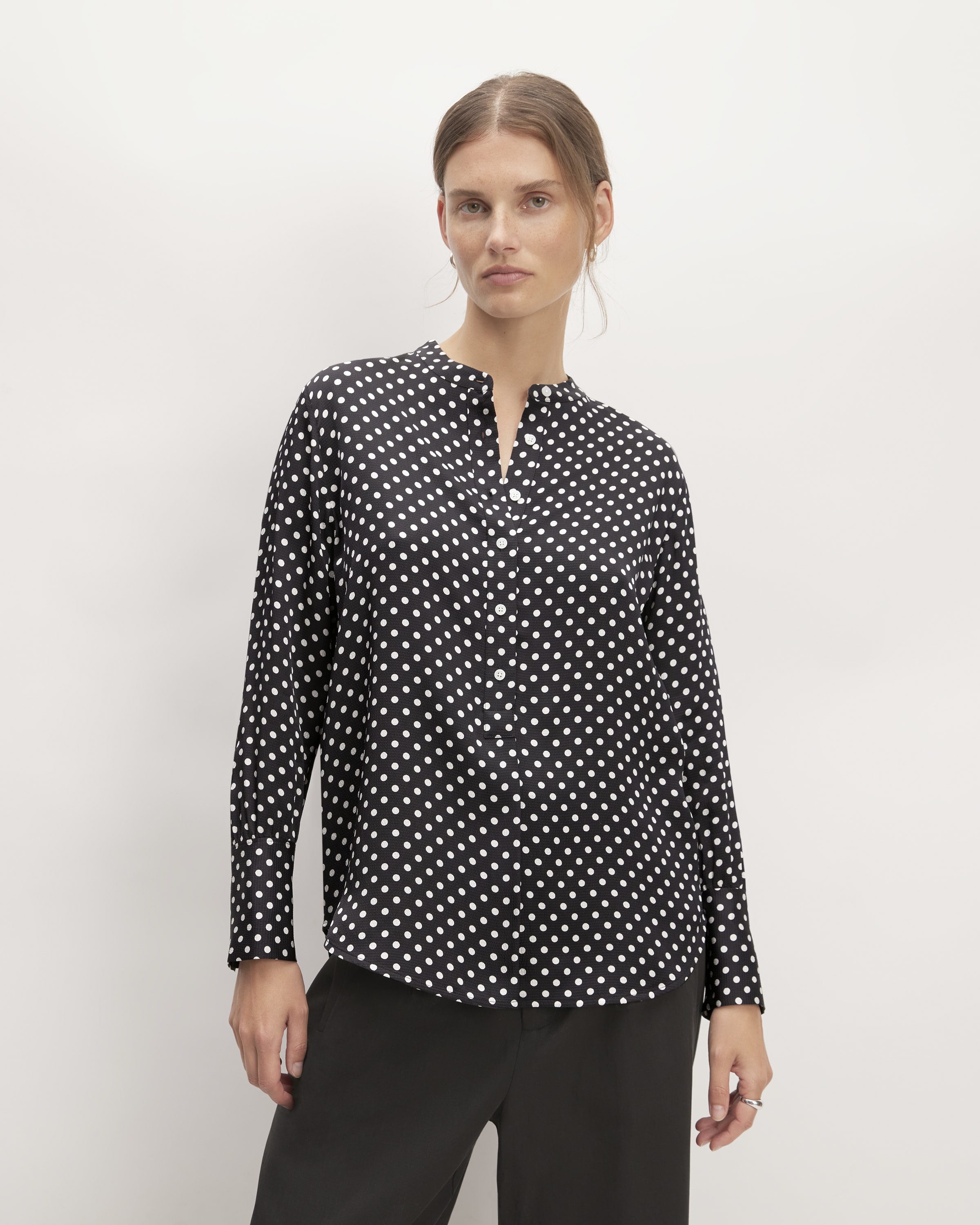 The Hammered Satin Popover Shirt Black Bone Polka Dot Everlane 2360