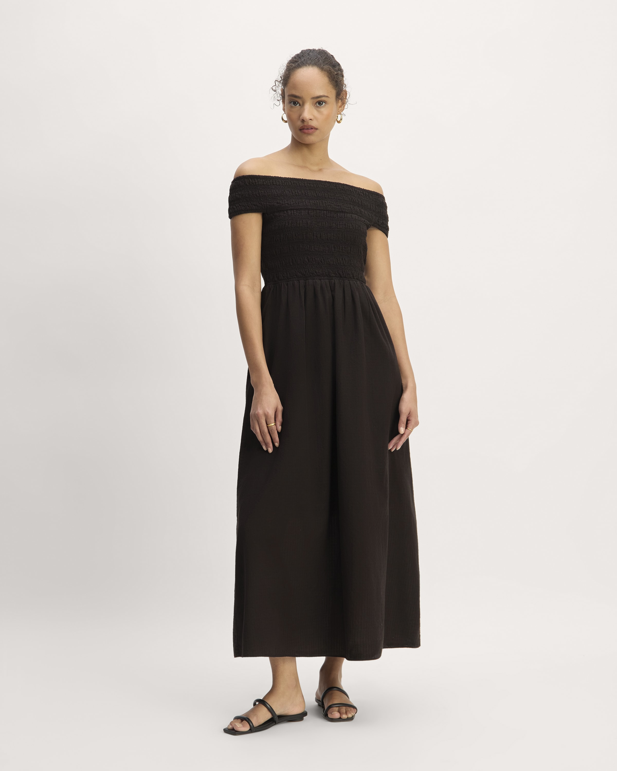 The Gauze Off-the-Shoulder Dress Black – Everlane