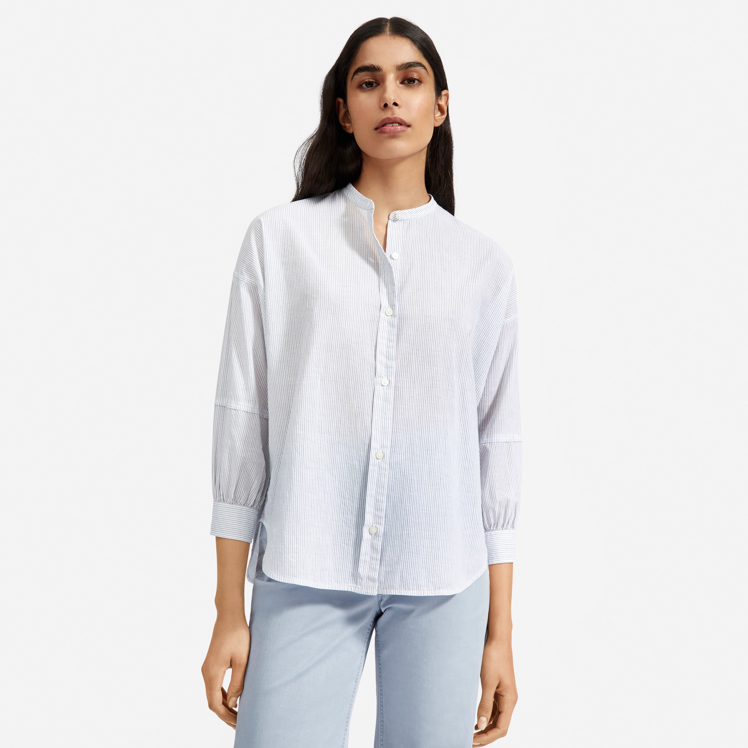 The Collarless Air Shirt White Multi Stripe – Everlane