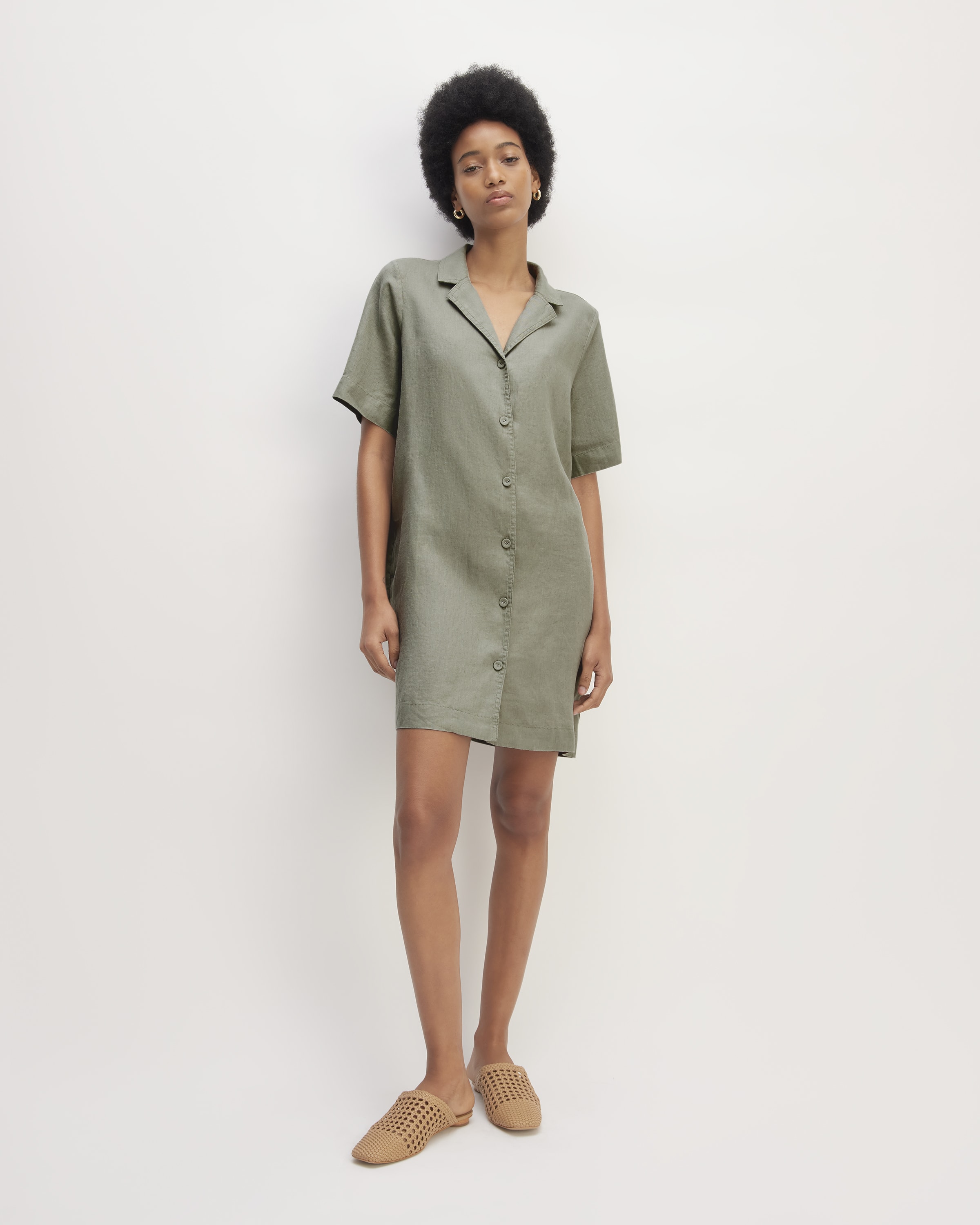 Erskine Green Tartan Women's Lapel Shirt Dress With Long Sleeve