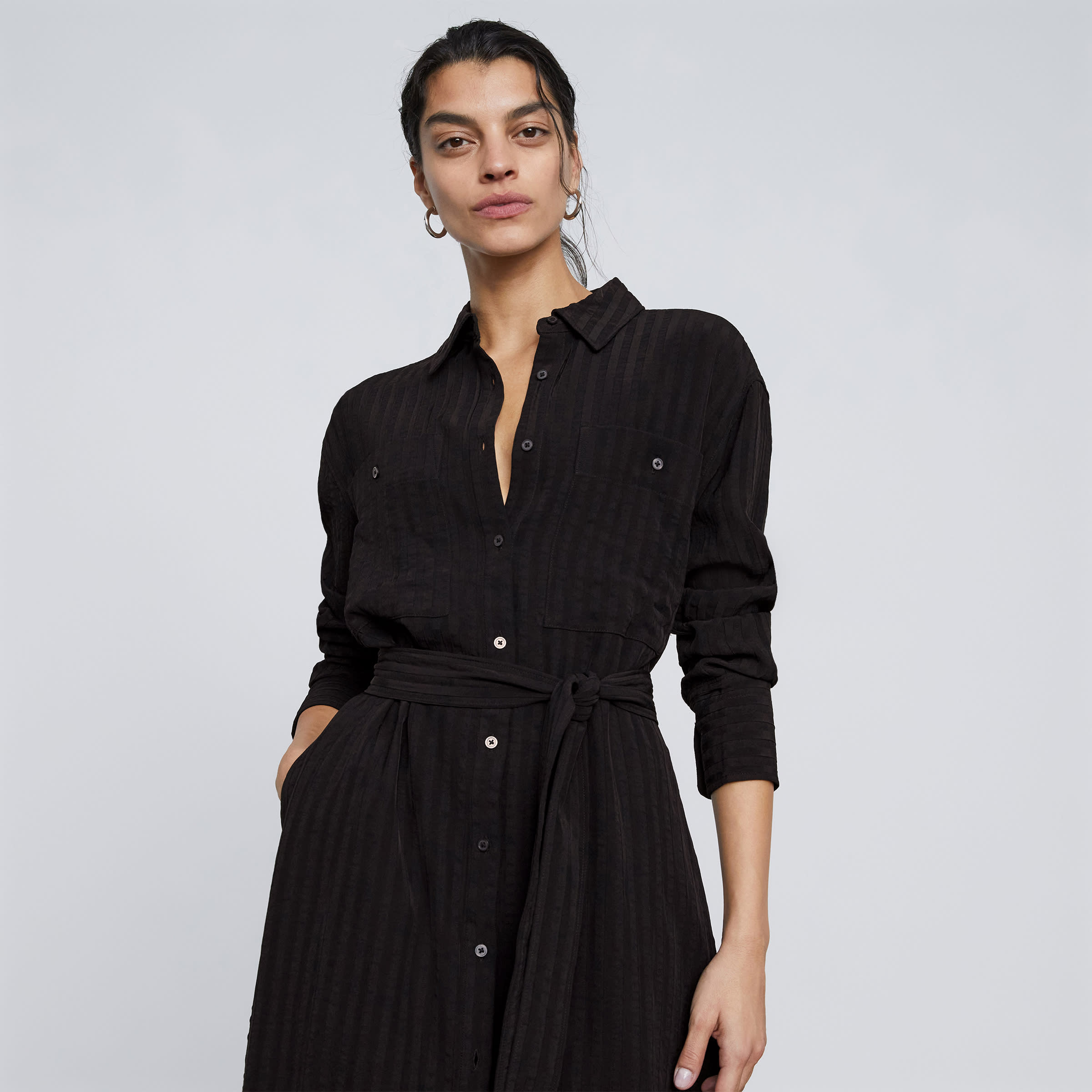 The City Stripe Draped Shirt Dress Black – Everlane