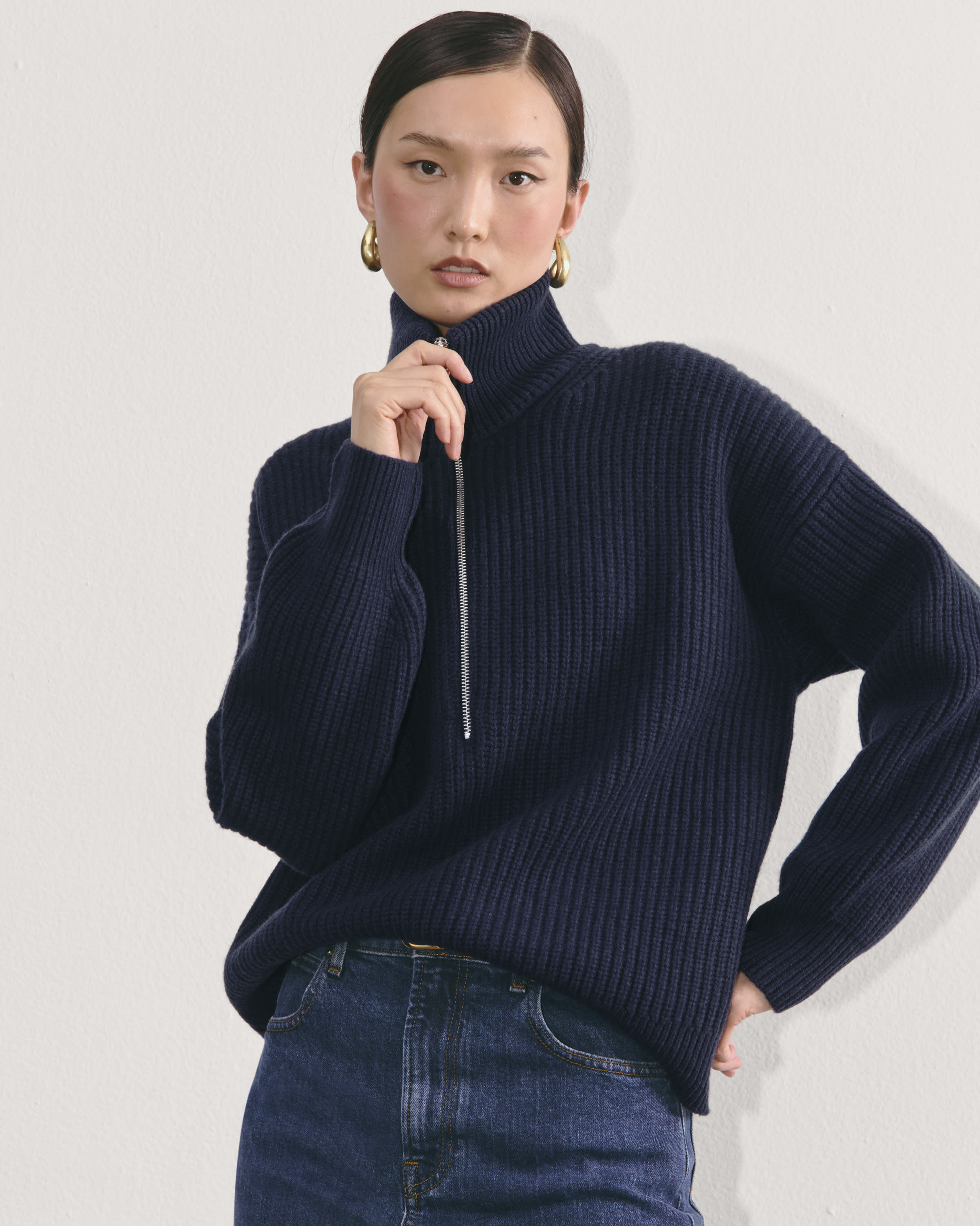 Everlane 100% merino wool waffle knit long sweater in navy offers blue