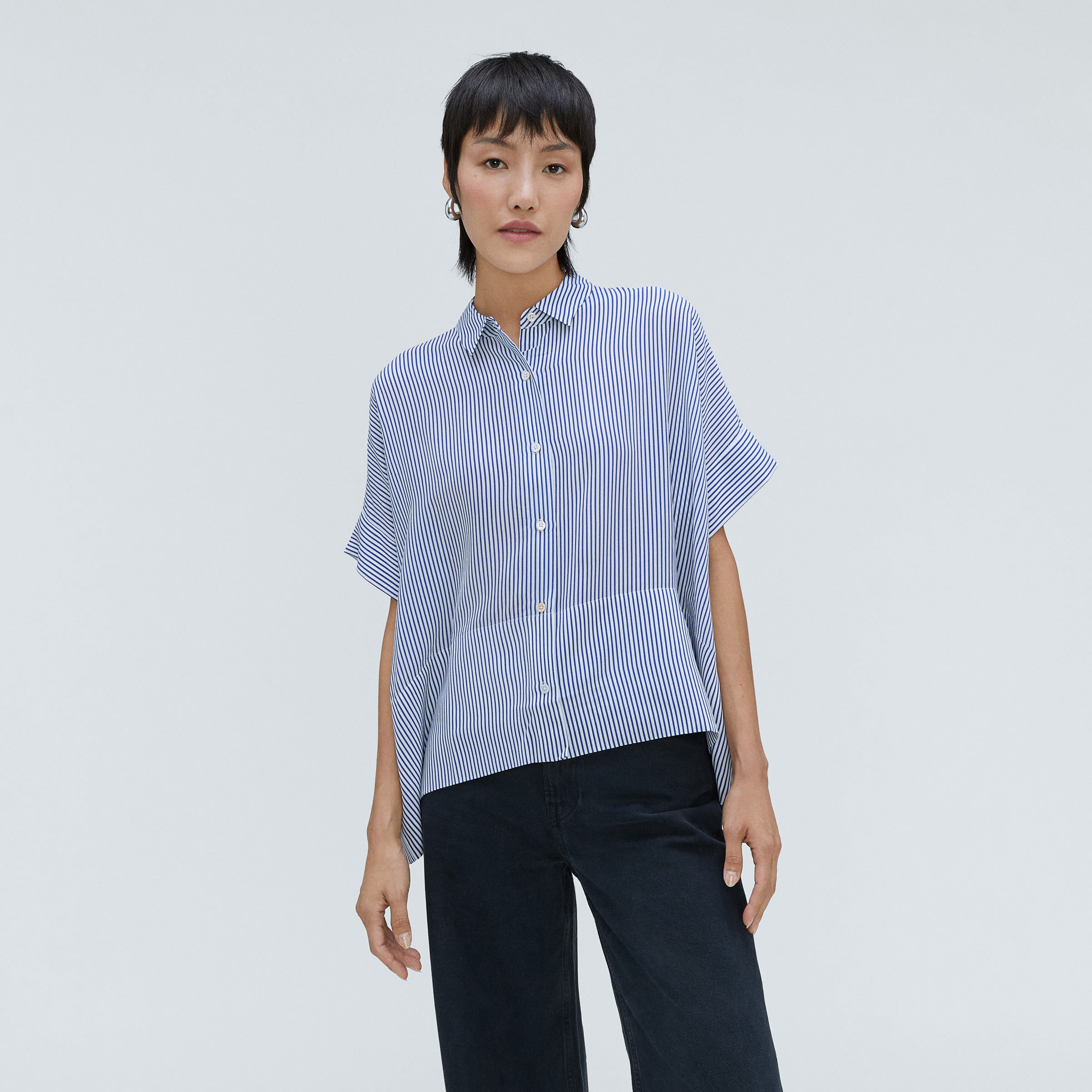 Collarless five button cotton front shirt in Blue