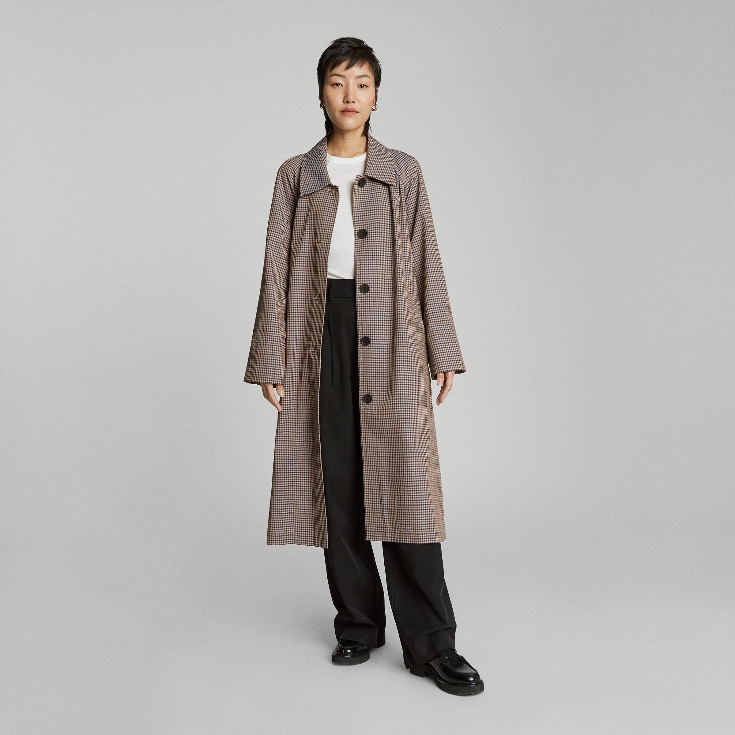 The Gathered Drape Trench Blue / Brown Houndstooth – Everlane