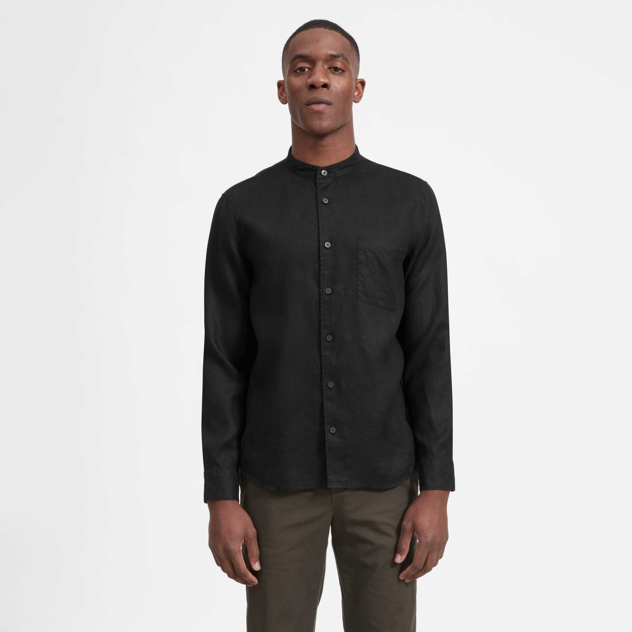 The Linen Band Collar Shirt Black Everlane