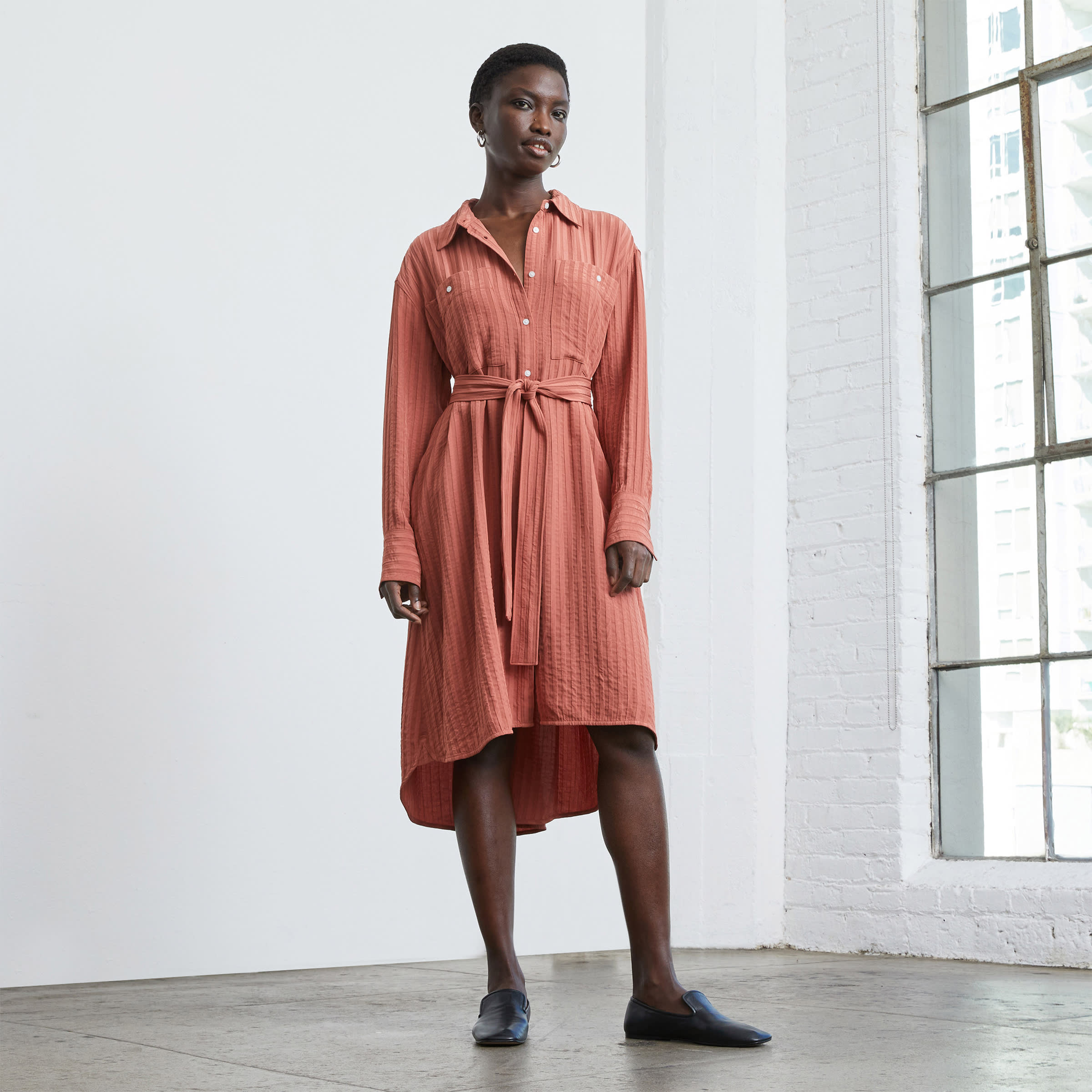 The City Stripe Draped Shirt Dress Redwood Everlane