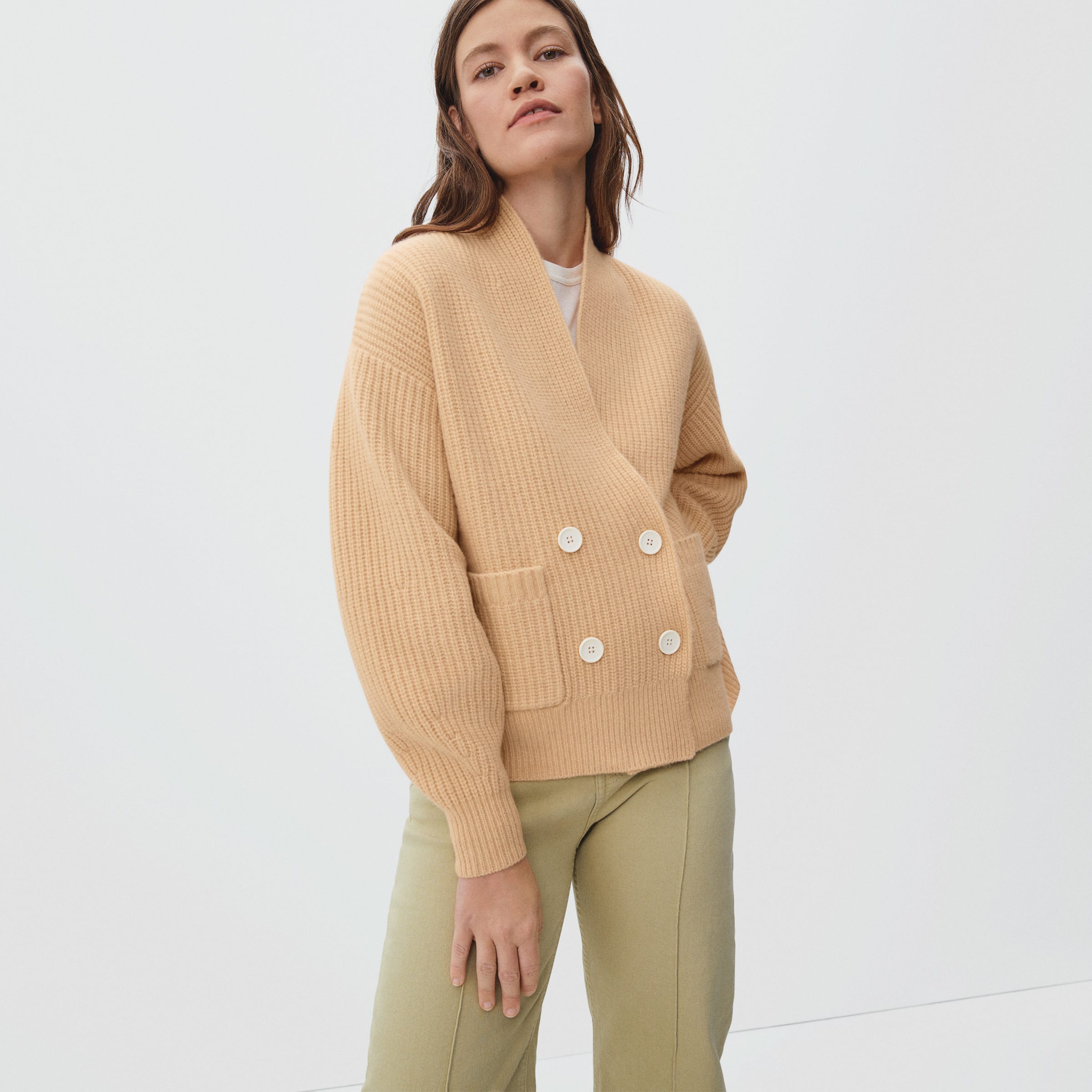 The Felted Merino Double-Breasted Cardigan Sesame – Everlane