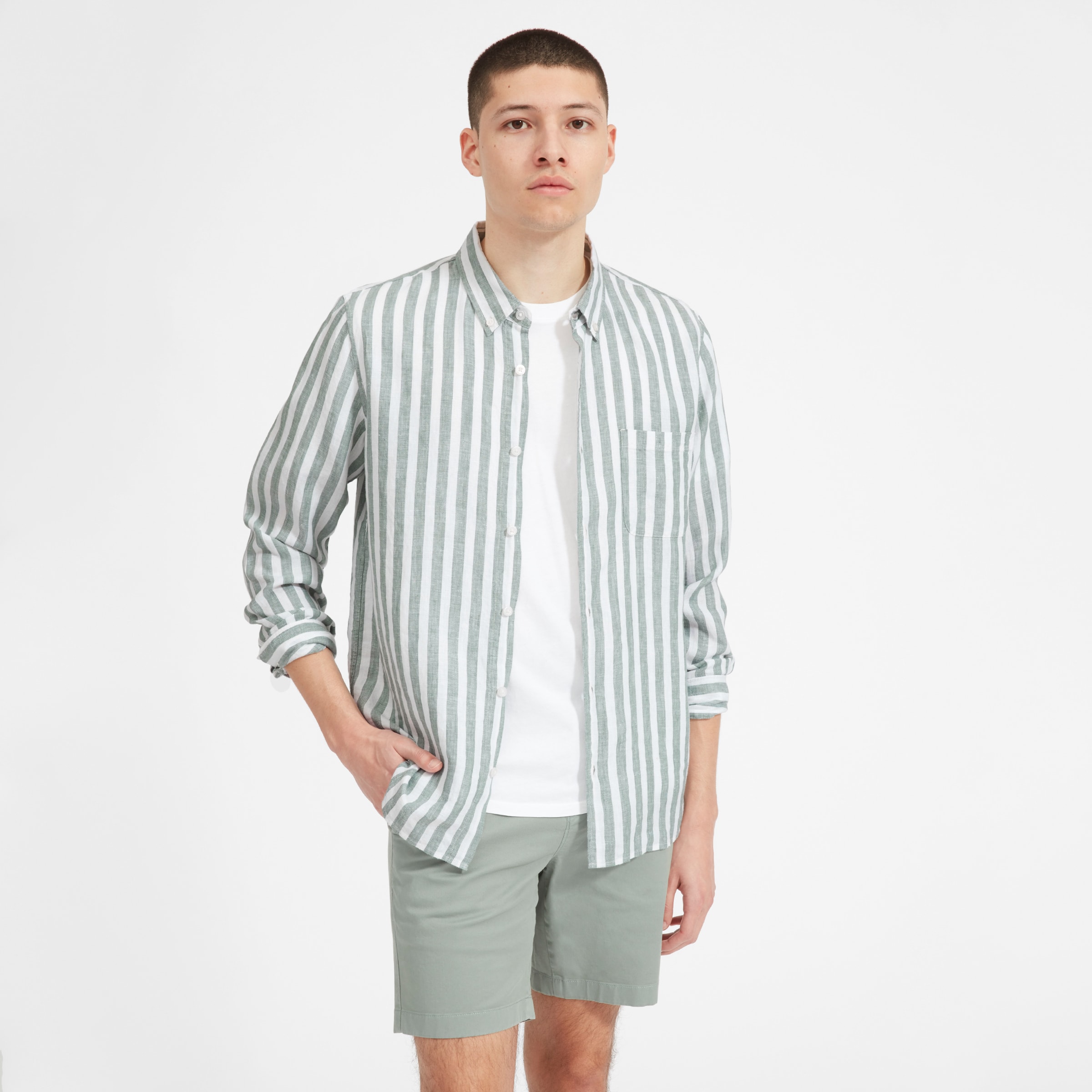 The Linen Standard Fit Shirt White / Celadon Bold Stripe – Everlane