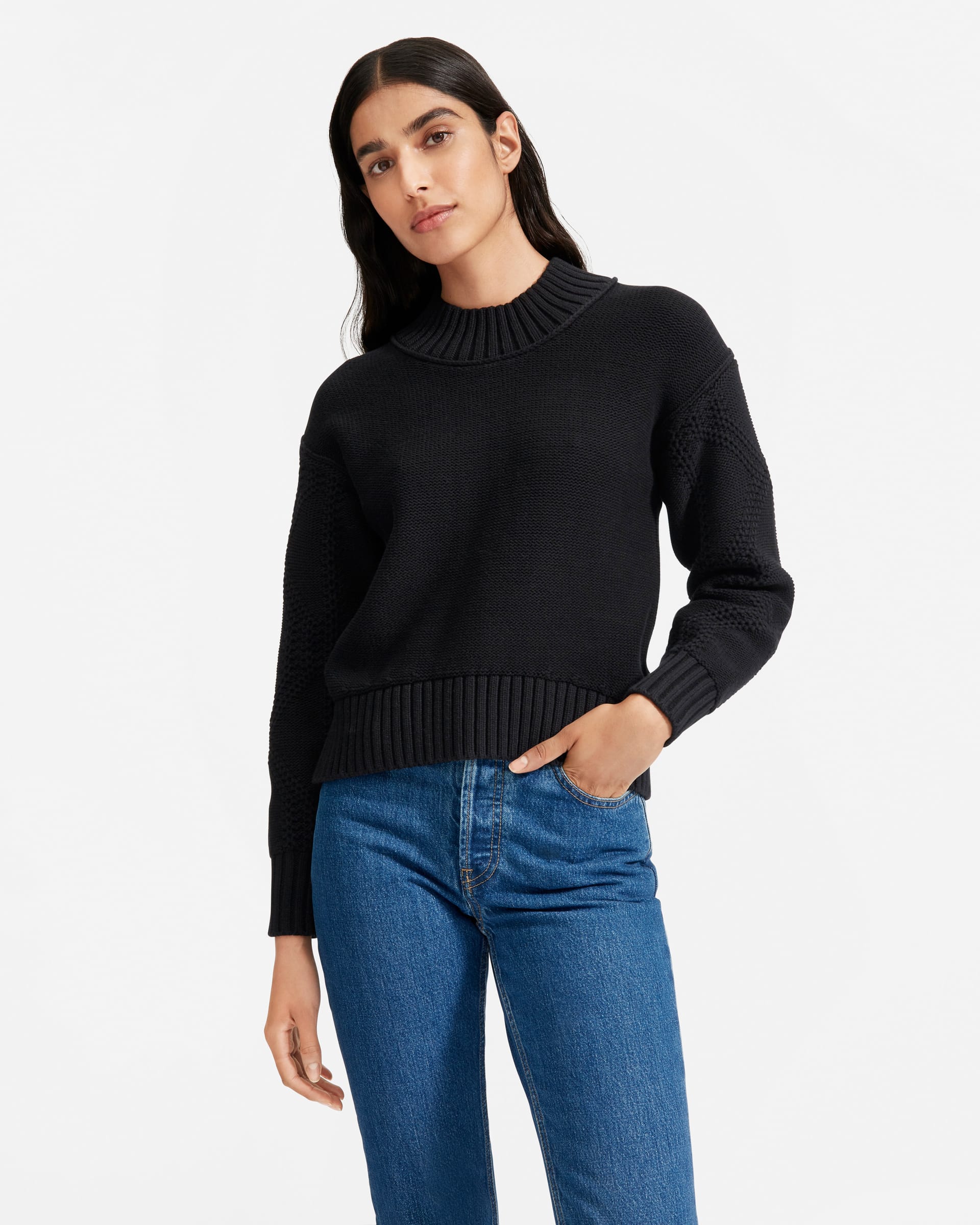 The Texture Cotton Cable Sweater Black – Everlane