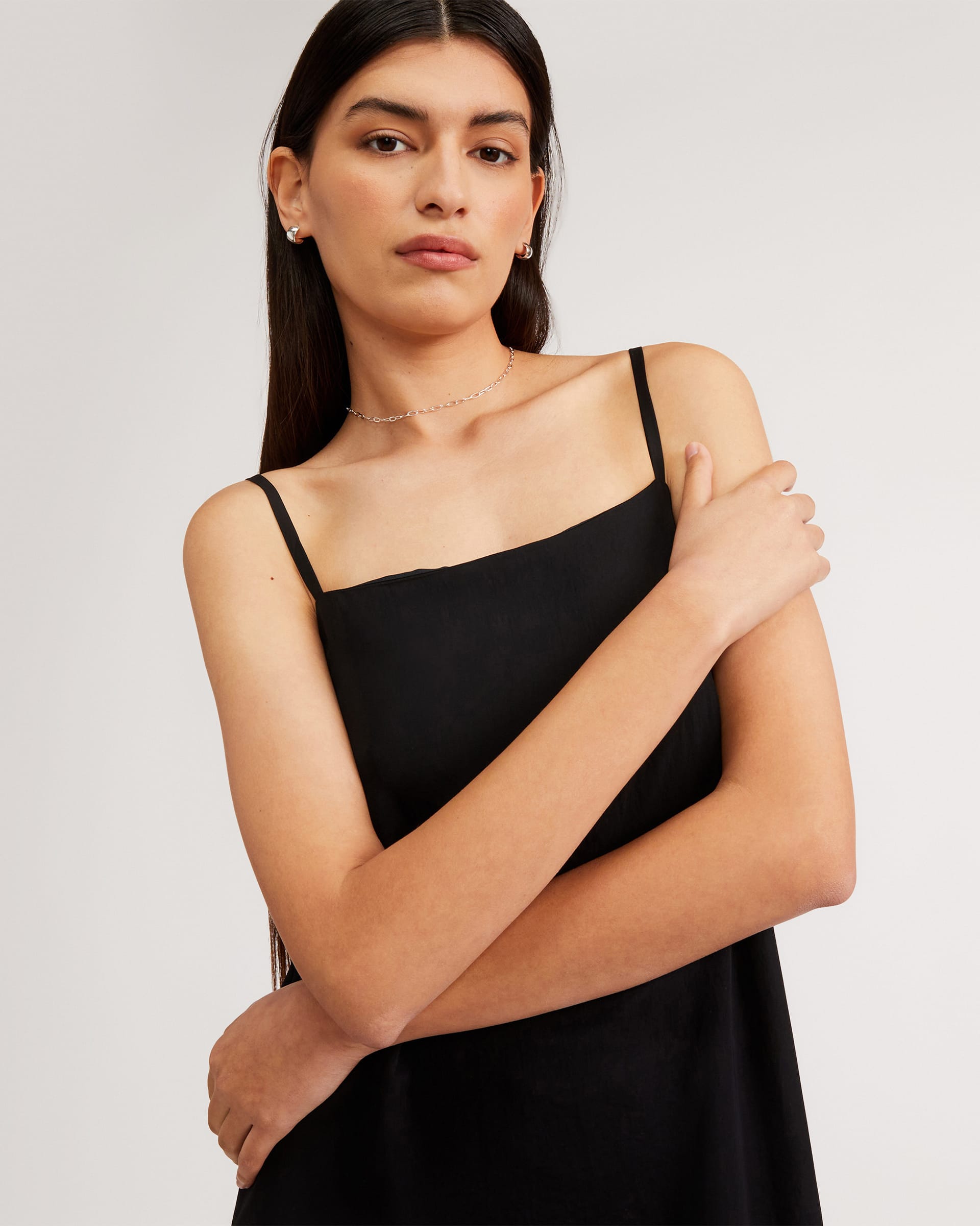 Square Neck Pintuck Trim Lace Up Back Satin Slip Maxi Dress - Black