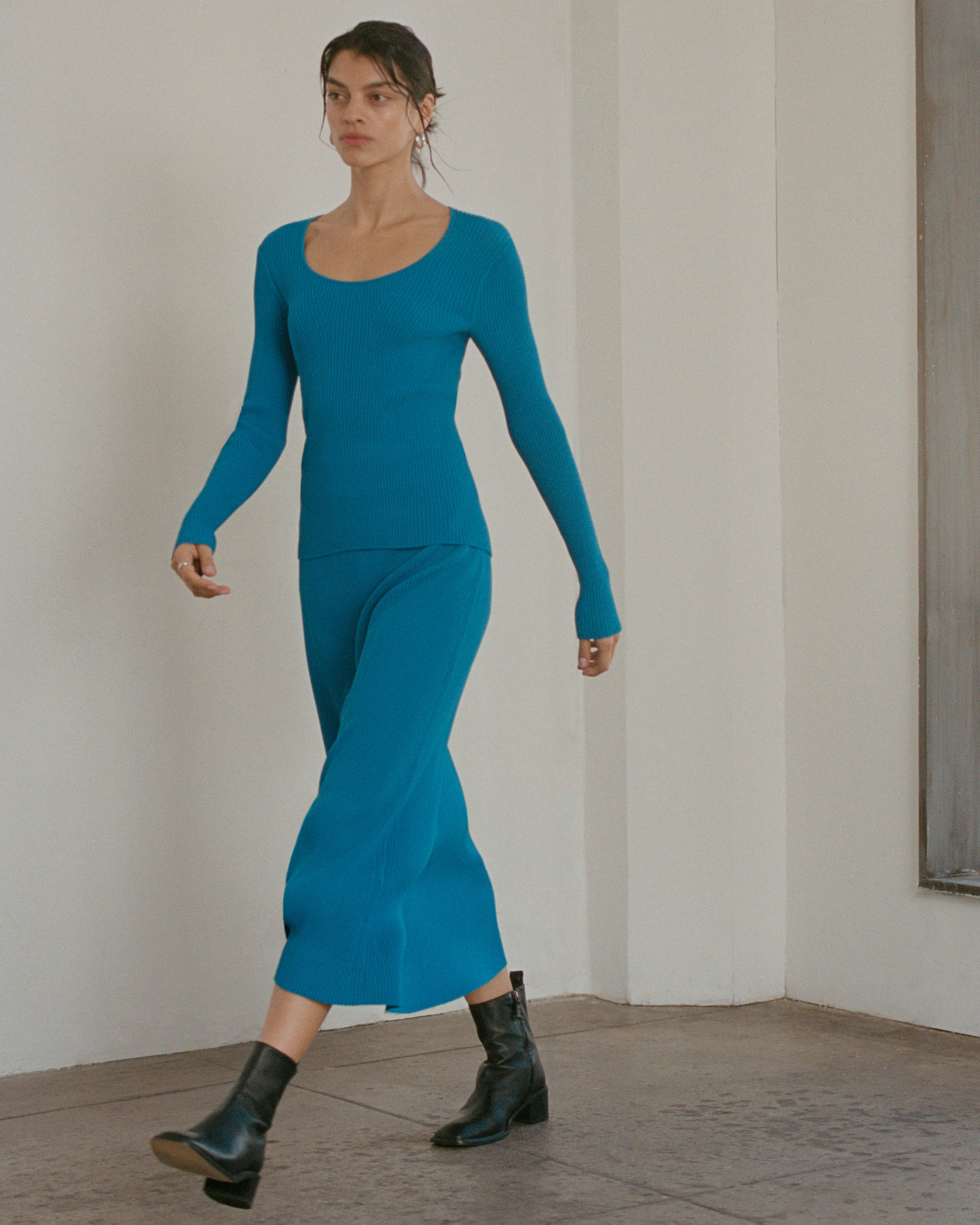 Organic Cotton Pointelle Ribbed Knit Skirt Dusty Blue