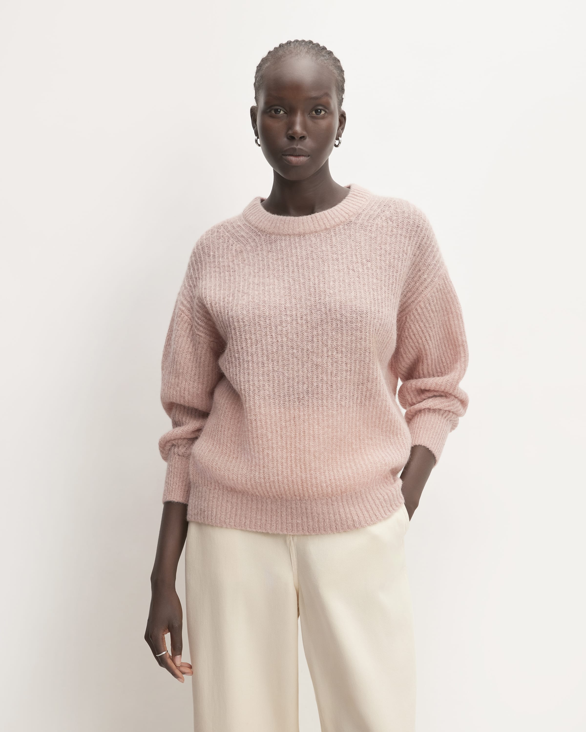 Pull col rond coton bio Everlane crème blanc cassé côtelé tricot homme M