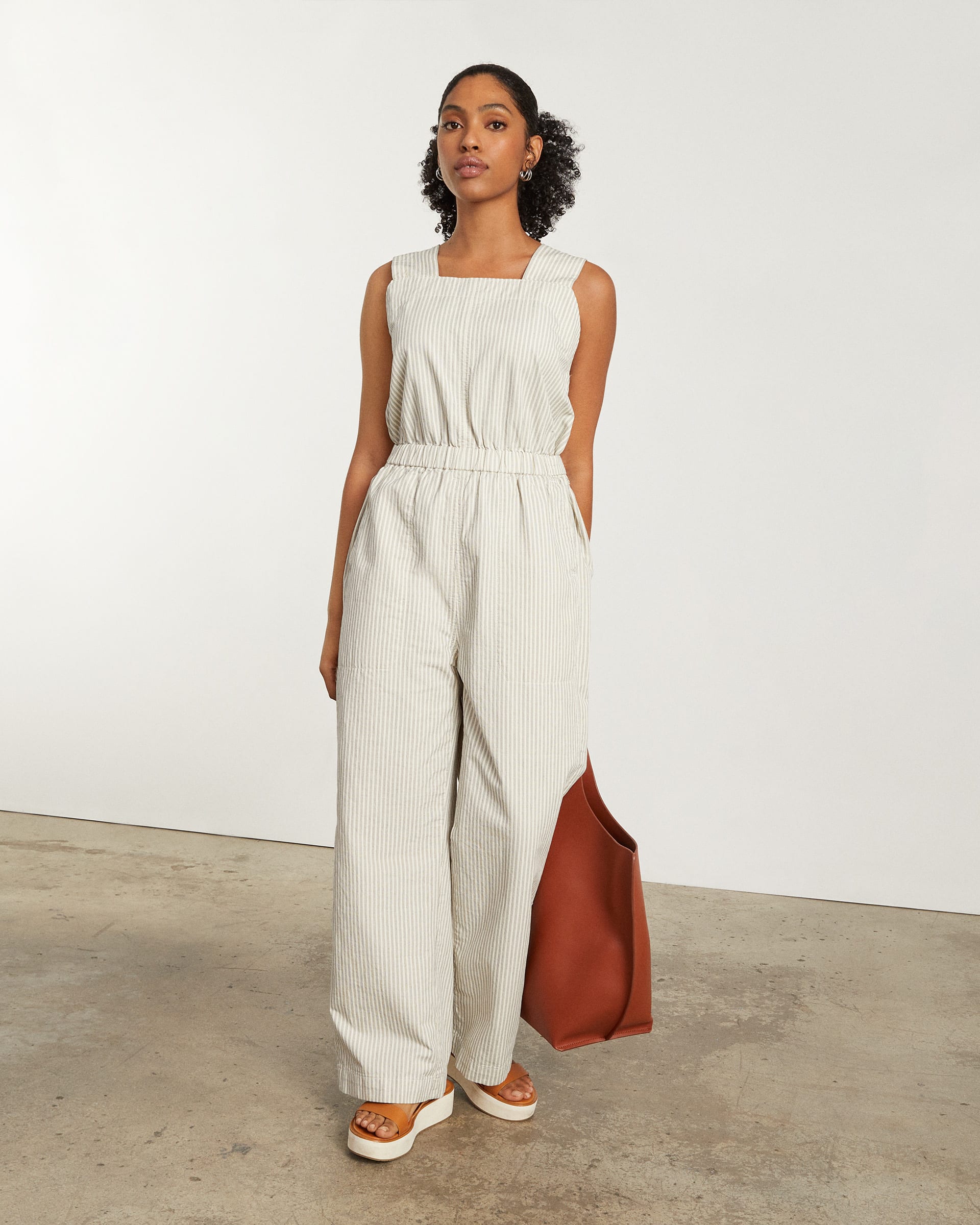The Fatigue Apron Jumpsuit Navy Stripe Everlane