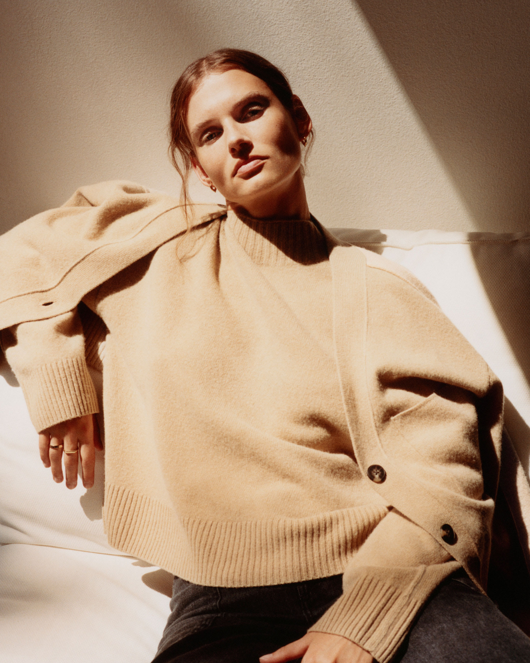 Camel and ecru merino wool sweater