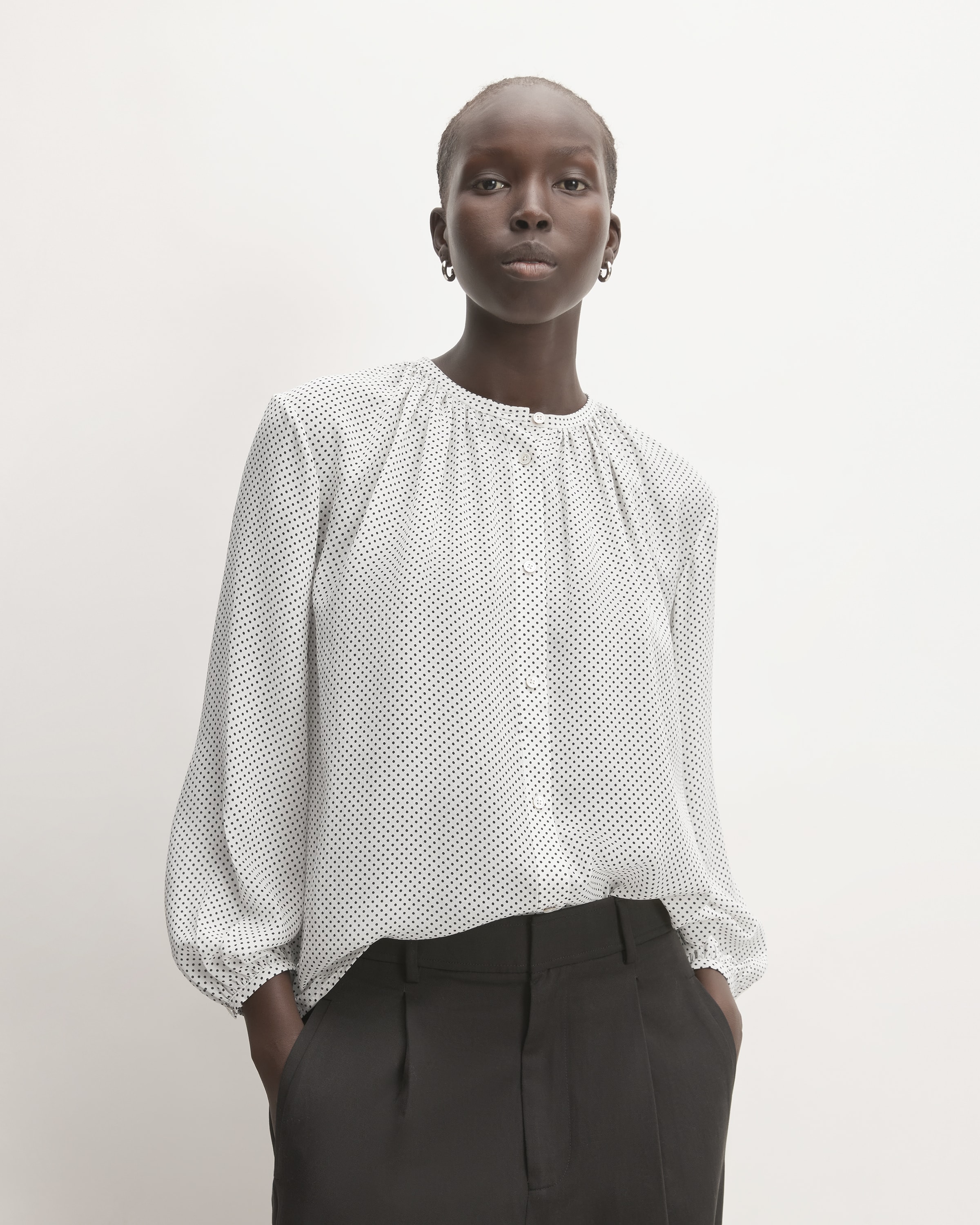The Washable Clean Silk Shirred Blouse Bone / Black Polka Dot Everlane