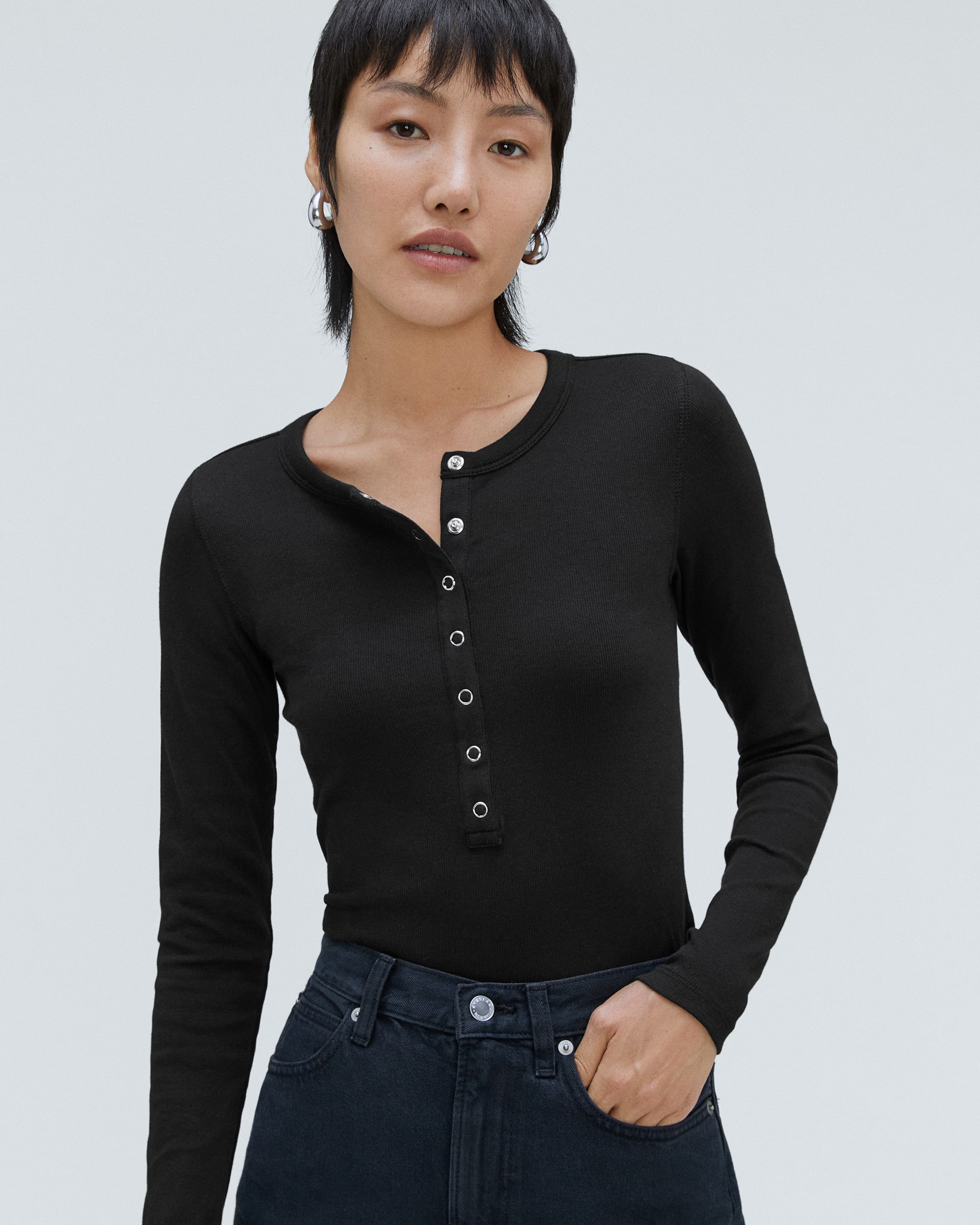 Pima Cotton Stretch Ribbed Long Sleeve Henley - Black