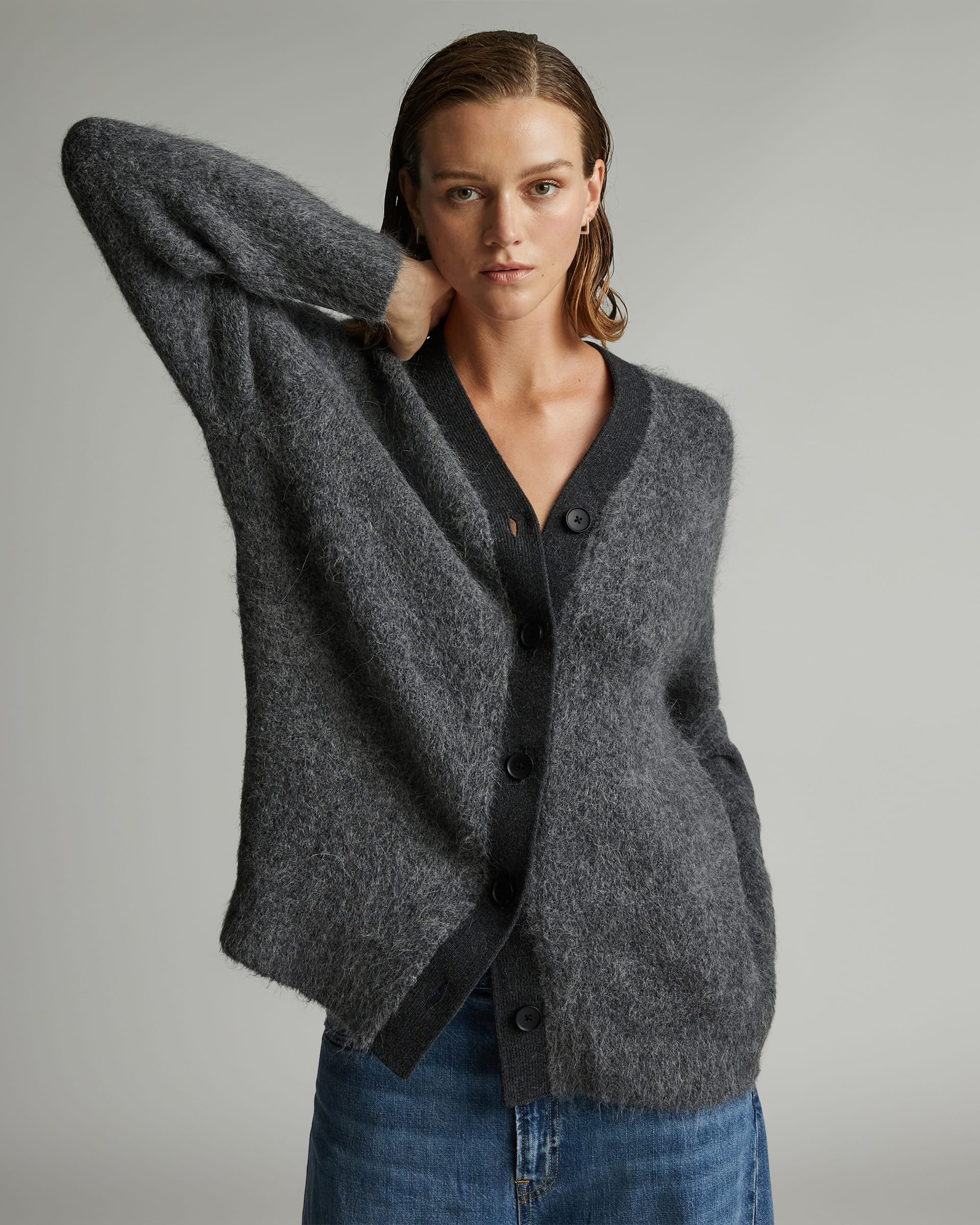 Pull Cropped Rogan Tokushima - Laine Alpaga Mélangée, Couleur Black Heather, Taille XS (porté Une Fois)