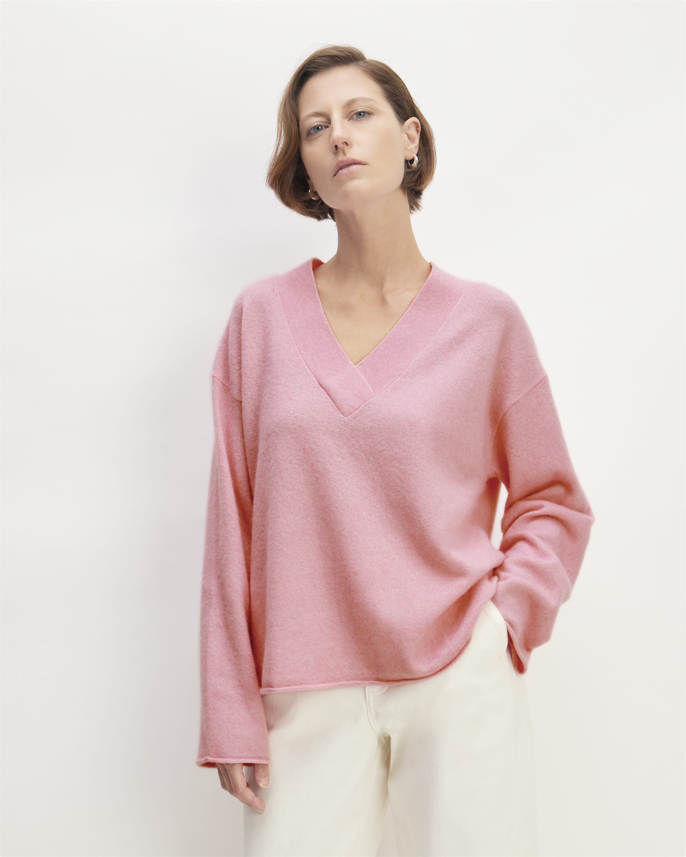 Strawberry Pink Lacy V Neckline Short Sleeve Sweater