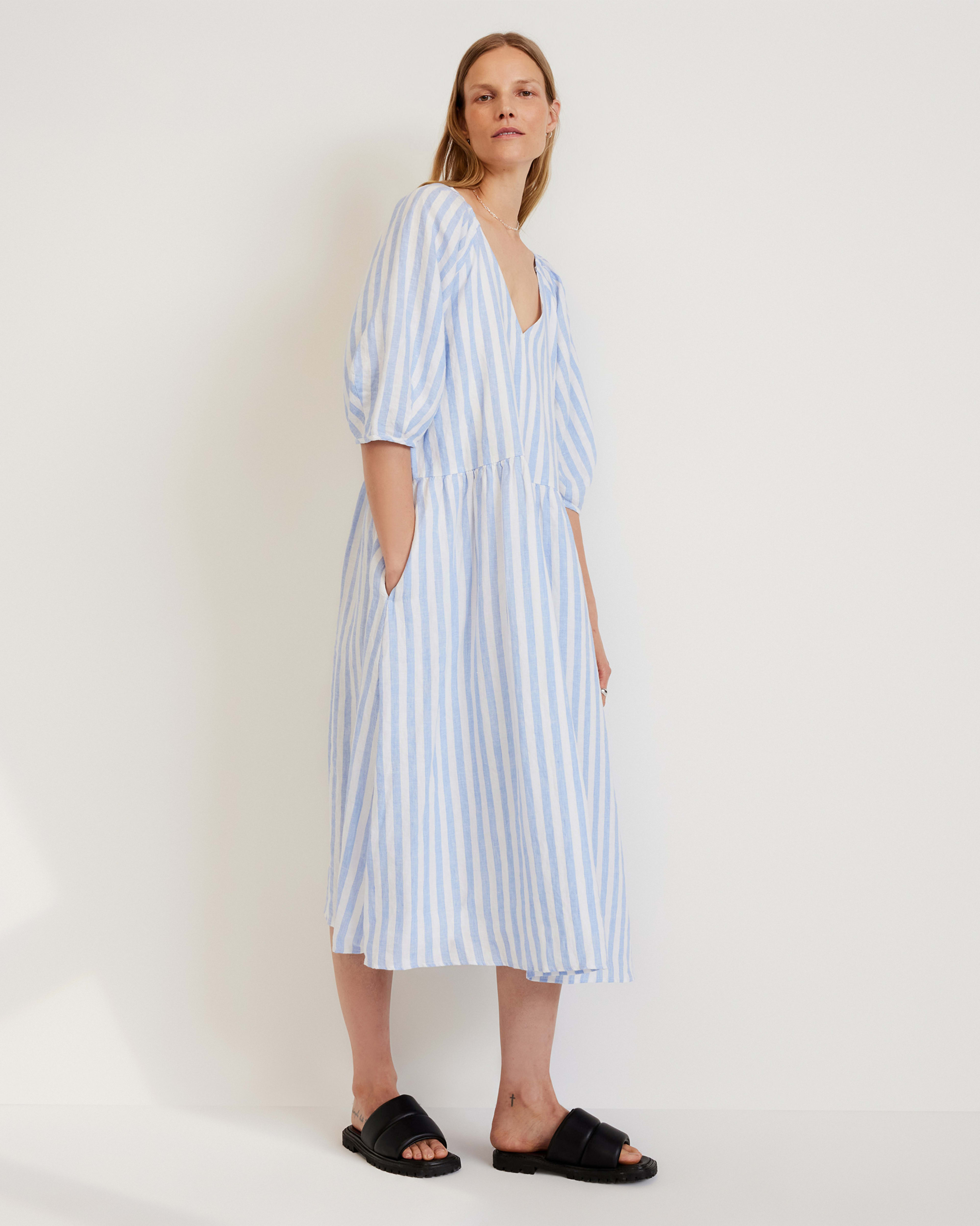 Blue white outlet linen dress