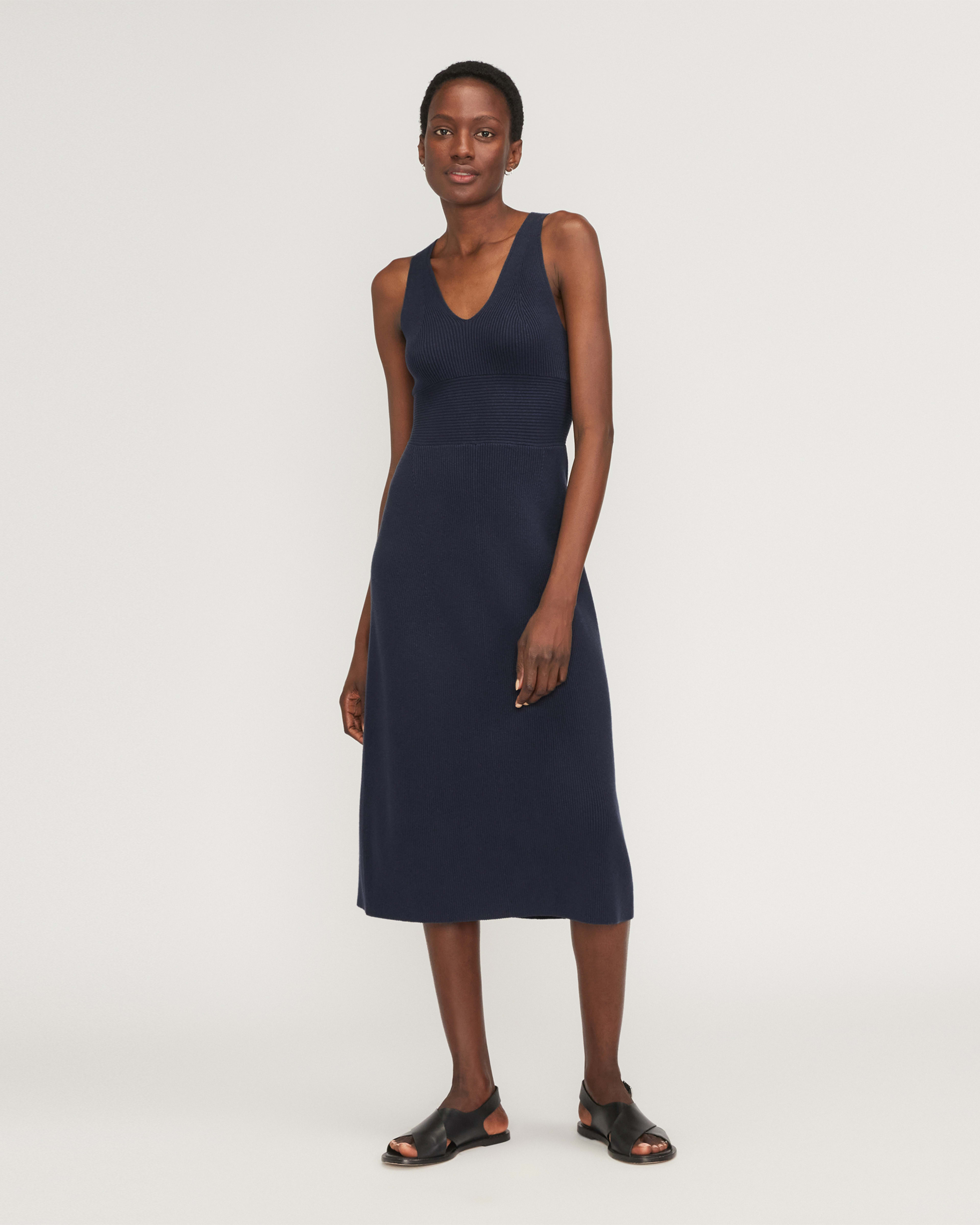 The Ribbed Cotton Cross Back Dress Navy Everlane