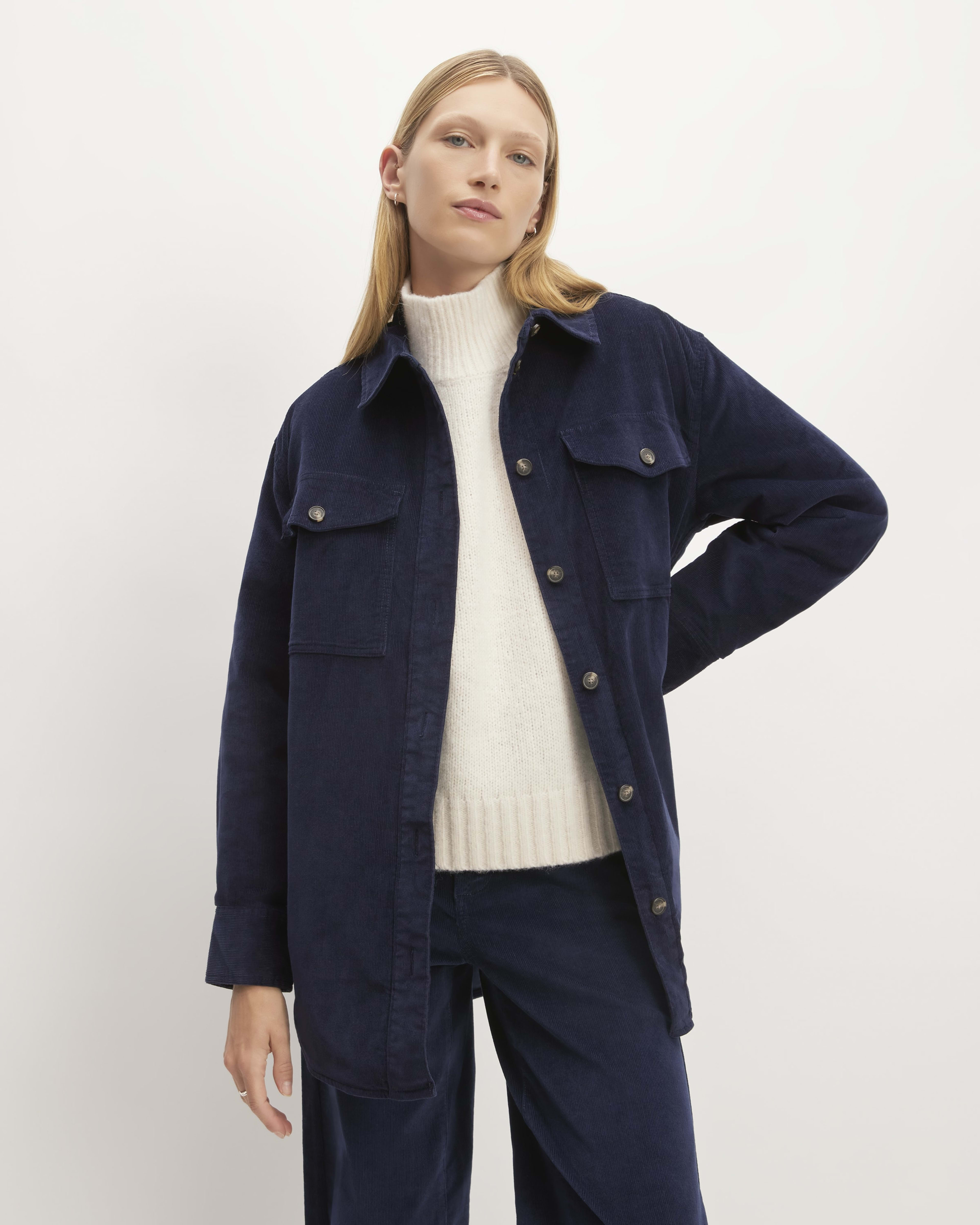 The Corduroy Oversized Shirt Jacket Navy – Everlane