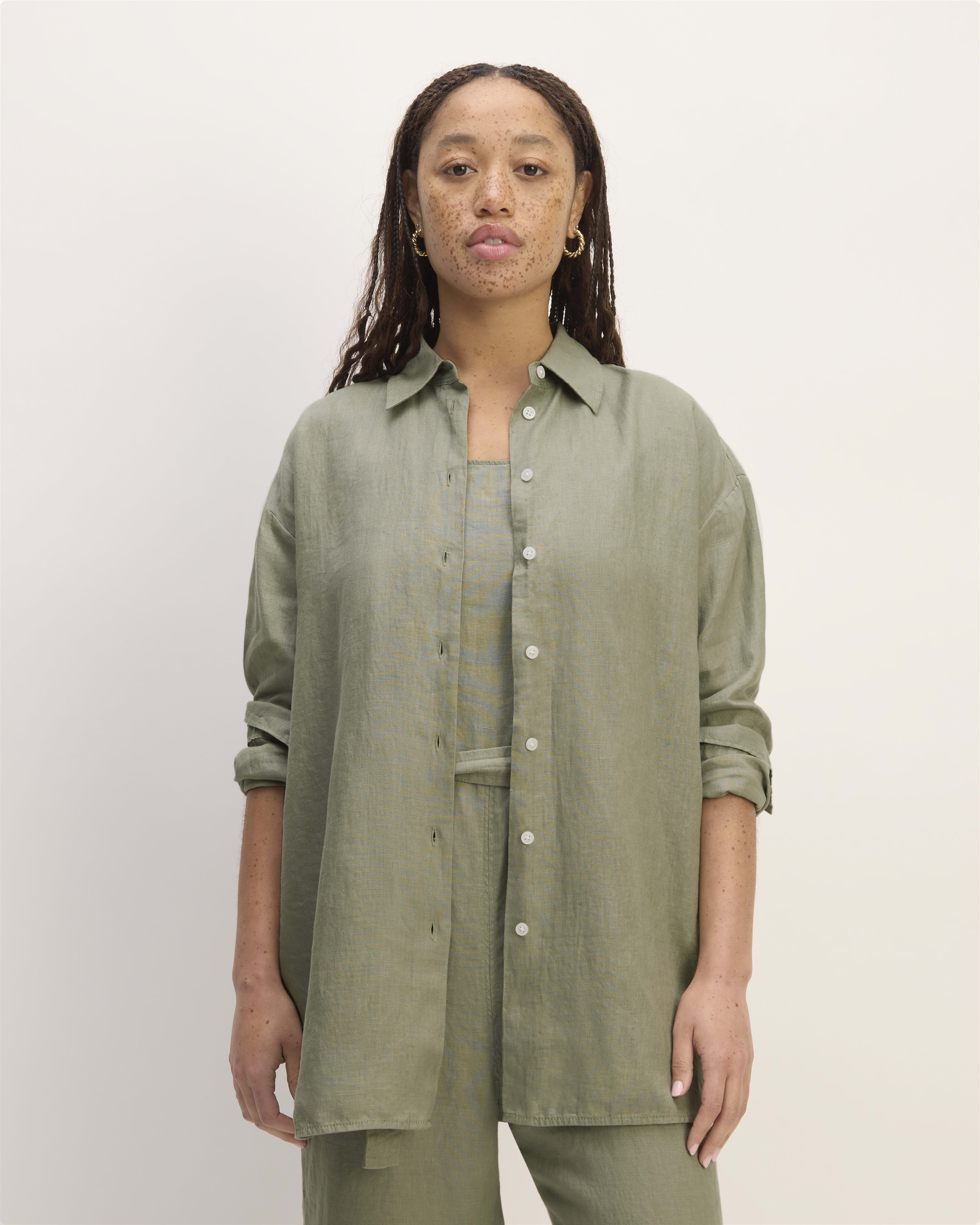 The Boyfriend Shirt in Linen Sage Green Everlane