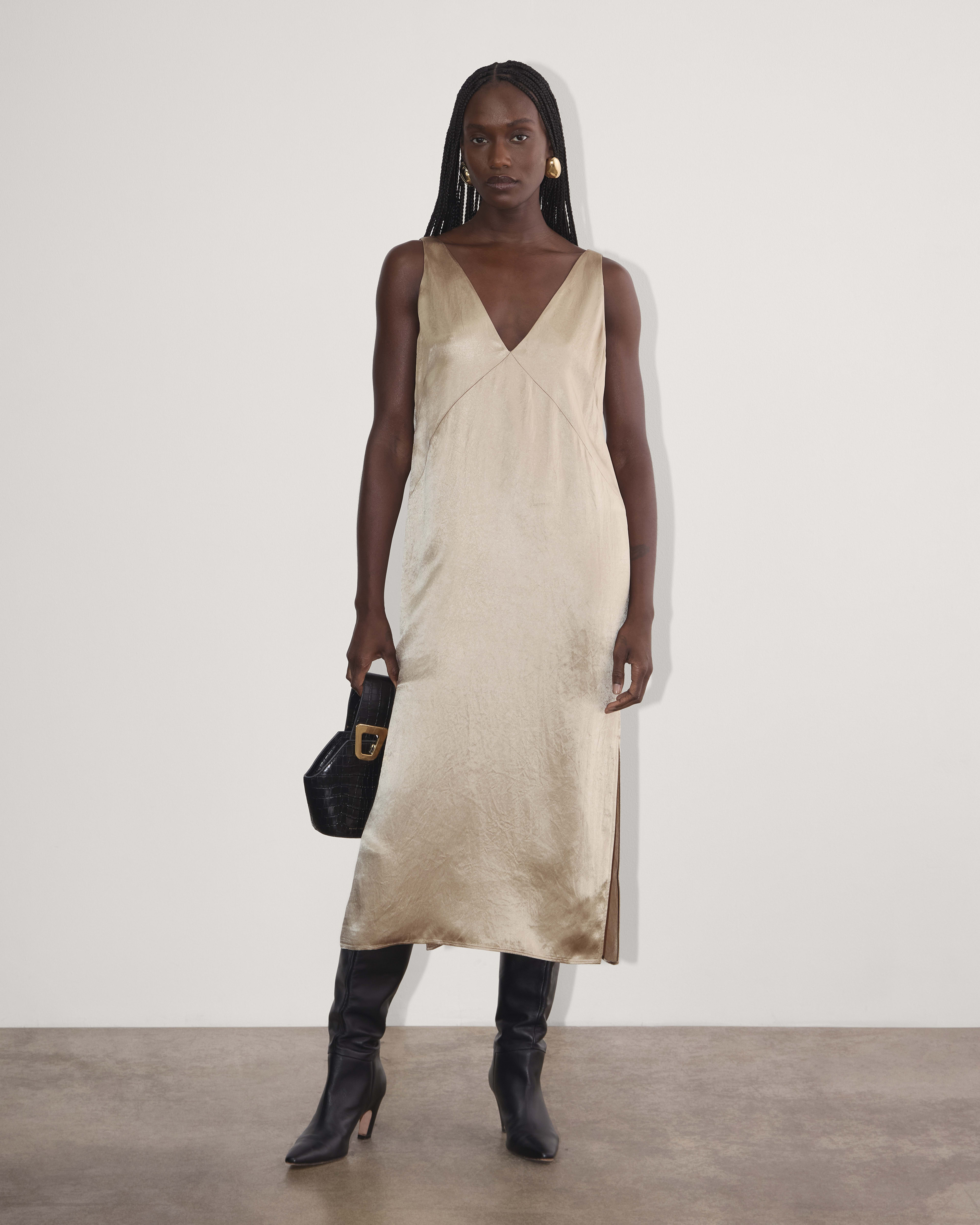 Champagne satin slip dress hot sale